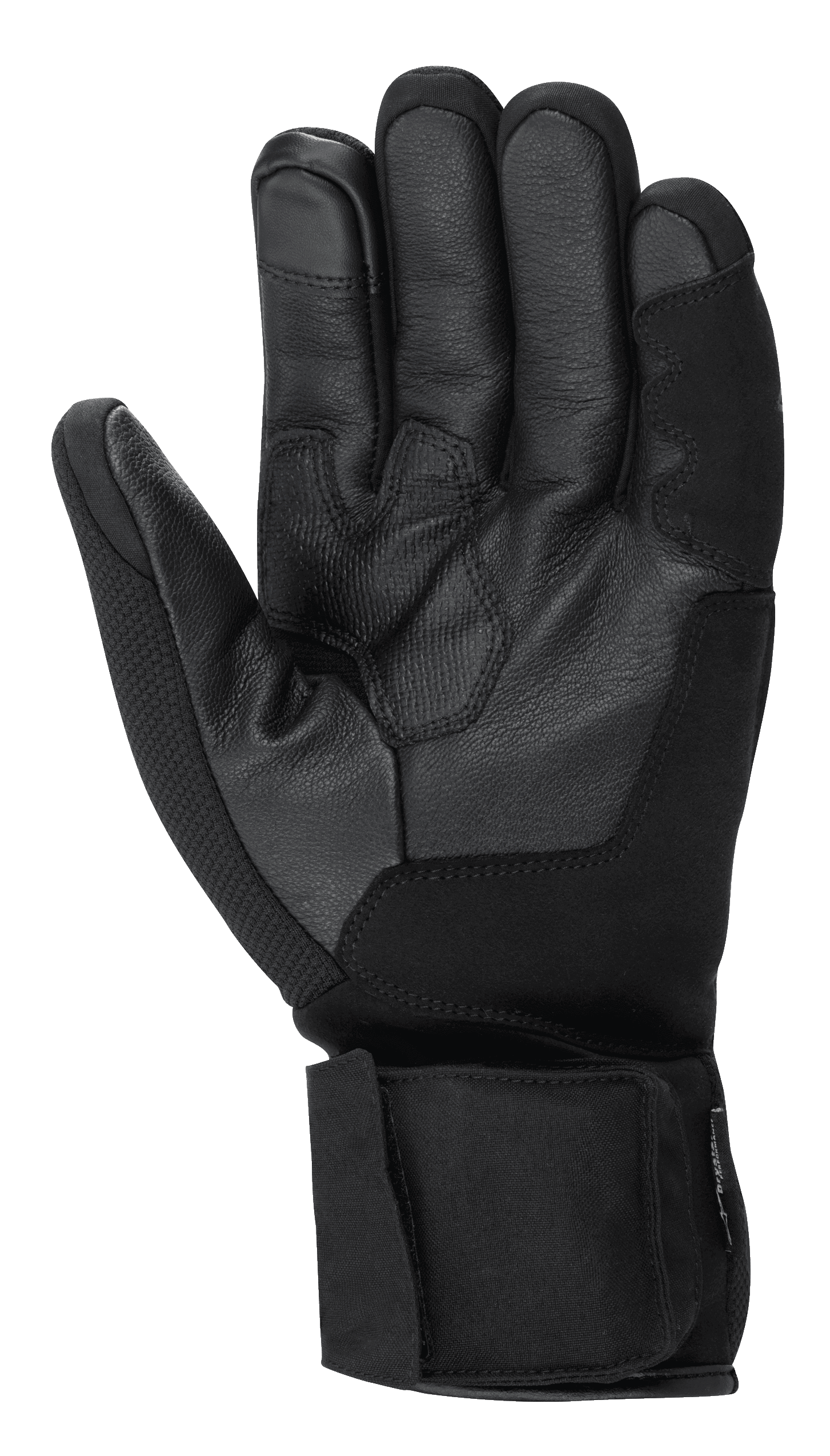 Alpinestars HT-3 Heat Tech Drystar® handsker, sorte motorcykelhandsker, håndfladevisning der viser gedelæderkonstruktion, tekstureret greb på håndflade og tommelfinger, justerbar manchetrem, touchscreen-kompatibel pegefinger, vinter touring-udstyr