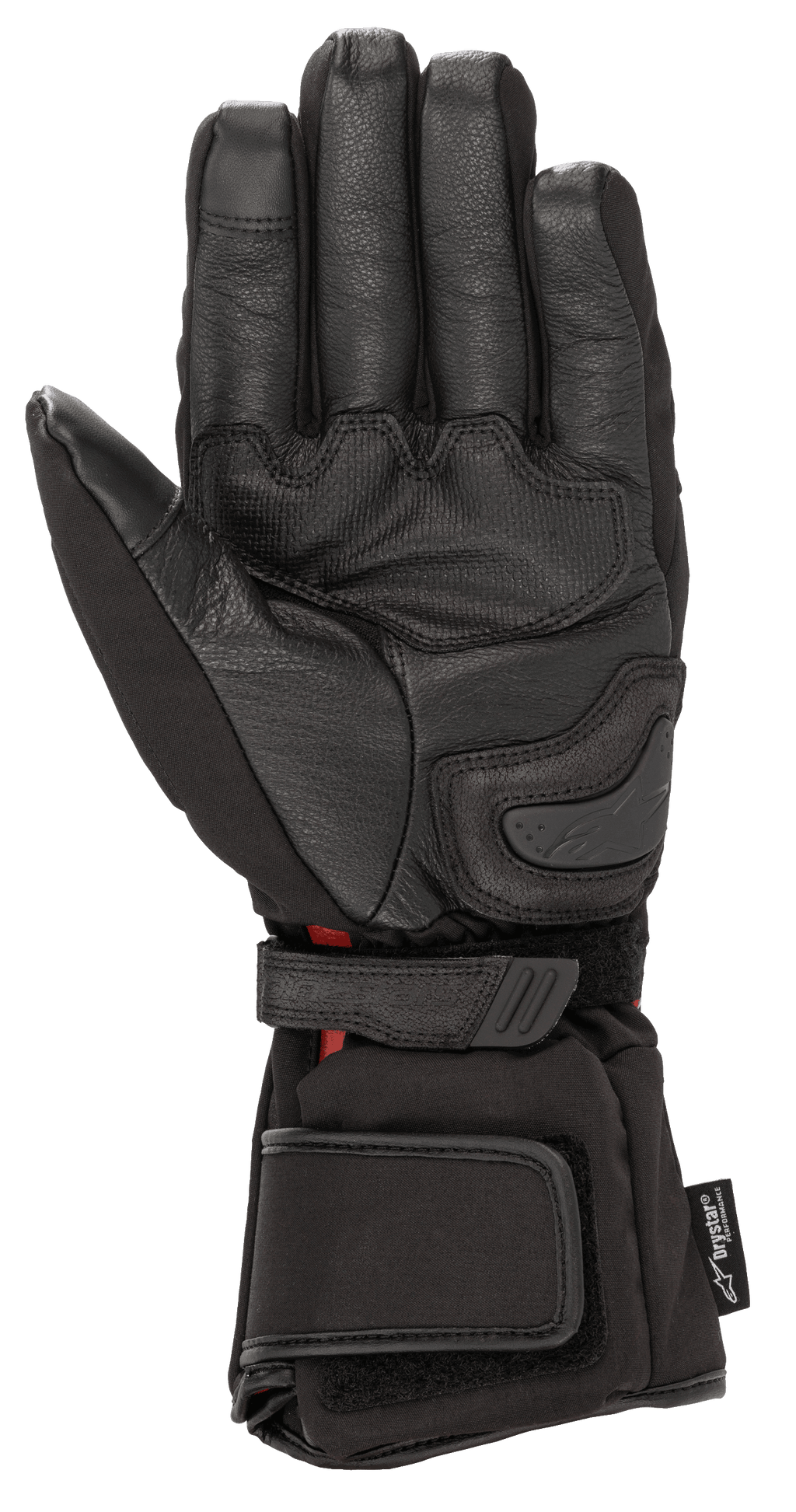 Alpinestars HT-5 Heat Tech Drystar®-handsker, sort, set fra håndfladen, med gedelæderkonstruktion, håndfladeslider og justerbare stropper ved håndled og manchet, vandtæt og opvarmet vinterudstyr til motorcykel-touring