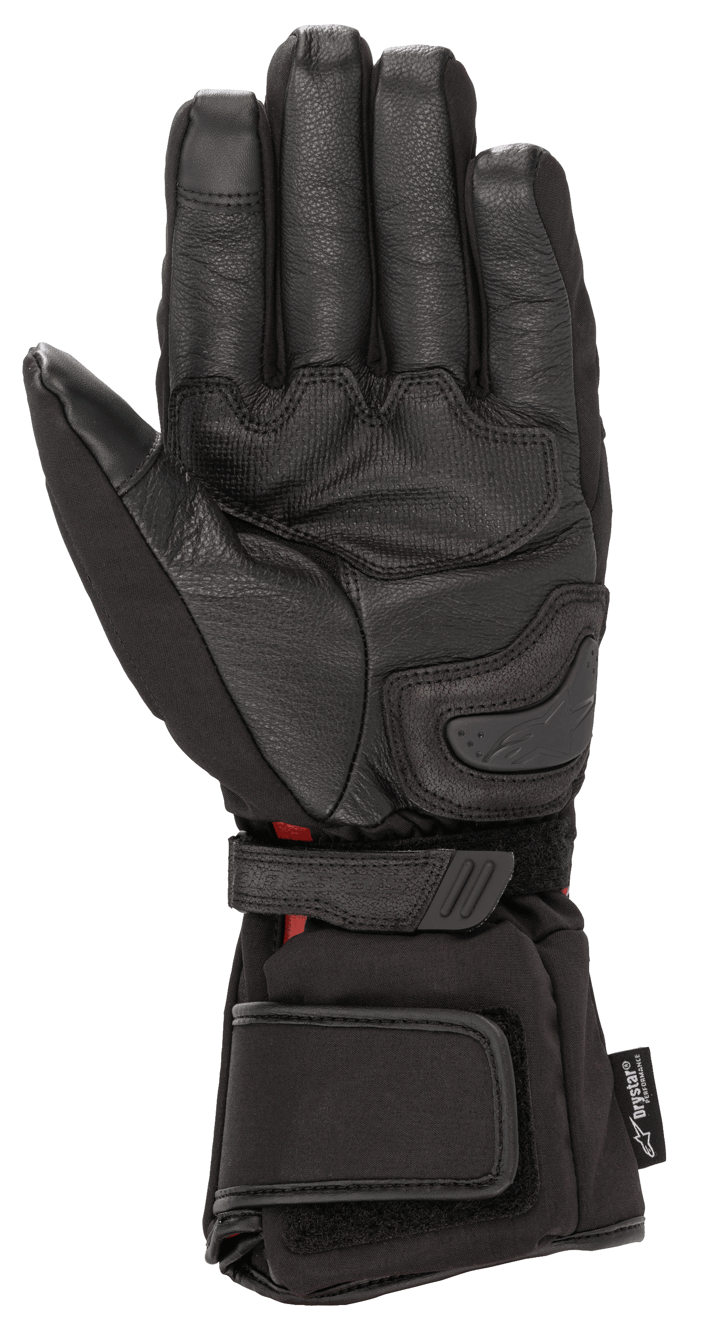 Alpinestars HT-5 Heat Tech Drystar®-handsker, sort, set fra håndfladen, med gedelæderkonstruktion, håndfladeslider og justerbare stropper ved håndled og manchet, vandtæt og opvarmet vinterudstyr til motorcykel-touring