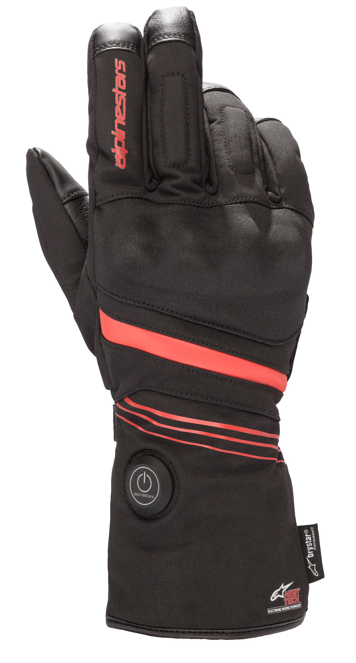 Alpinestars HT-5 Heat Tech Drystar® handsker, opvarmede motorcykelhandsker, sort med røde detaljer, med en rund tænd/sluk-knap på manchetten, røde striber hen over hånden og håndleddet, Alpinestars-branding på fingeren, designet til vandtæt beskyttelse i koldt vejr