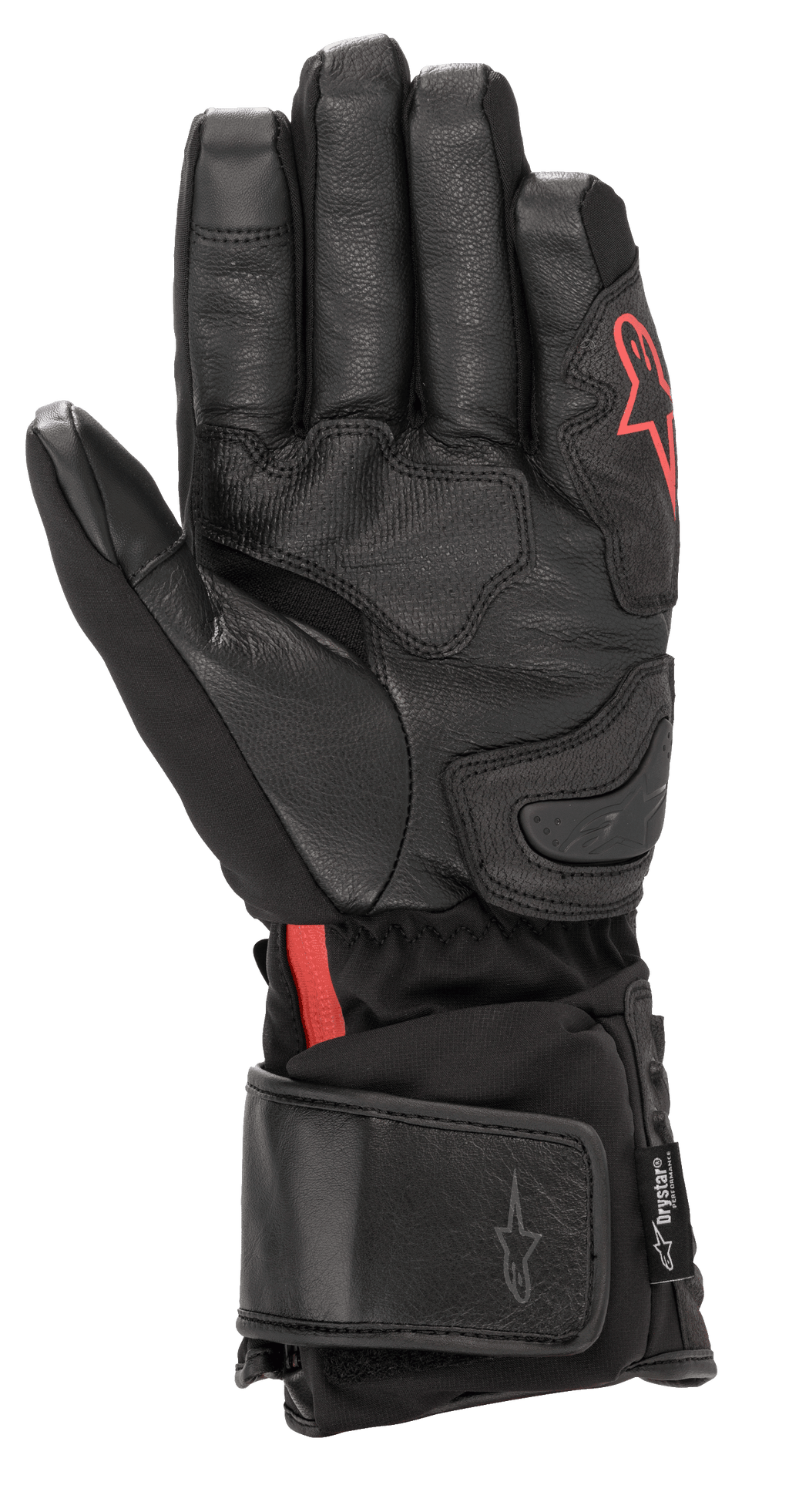 Alpinestars HT-7 Heat Tech Drystar® handsker, sorte opvarmede motorcykelhandsker, med læderhåndflade og softshell-konstruktion, rødt Alpinestars-logo, vandtæt Drystar®-teknologi og justerbar manchet til kørsel i koldt vejr