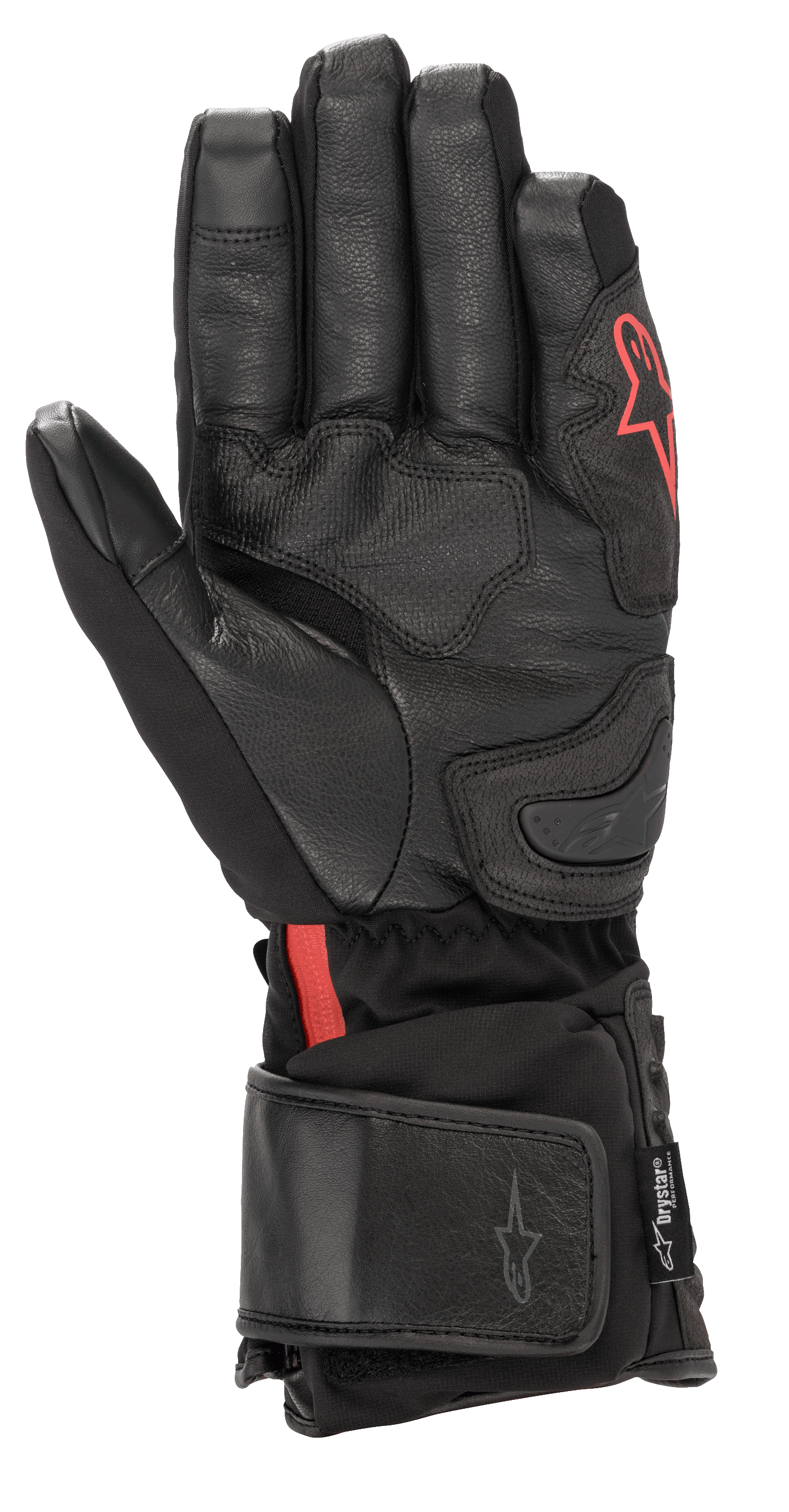 Alpinestars HT-7 Heat Tech Drystar® handsker, sorte opvarmede motorcykelhandsker, med læderhåndflade og softshell-konstruktion, rødt Alpinestars-logo, vandtæt Drystar®-teknologi og justerbar manchet til kørsel i koldt vejr