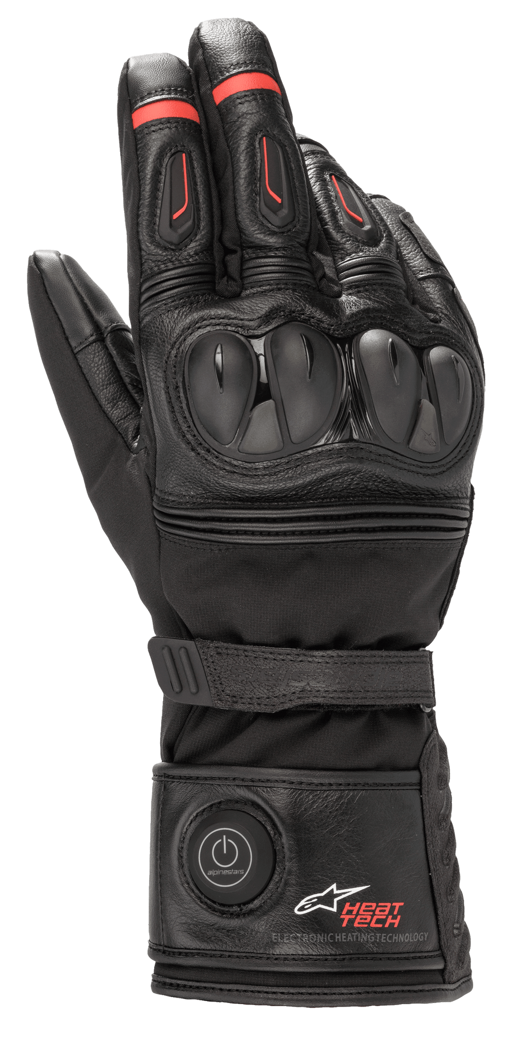 Alpinestars HT-7 Heat Tech Drystar handsker, opvarmede motorcykelhandsker, sort med røde detaljer, elektronisk Heat Tech-system med tænd/sluk-knap på manchetten, TPU-knobeskyttelse, vandtæt Drystar-teknologi, læder- og tekstilkonstruktion