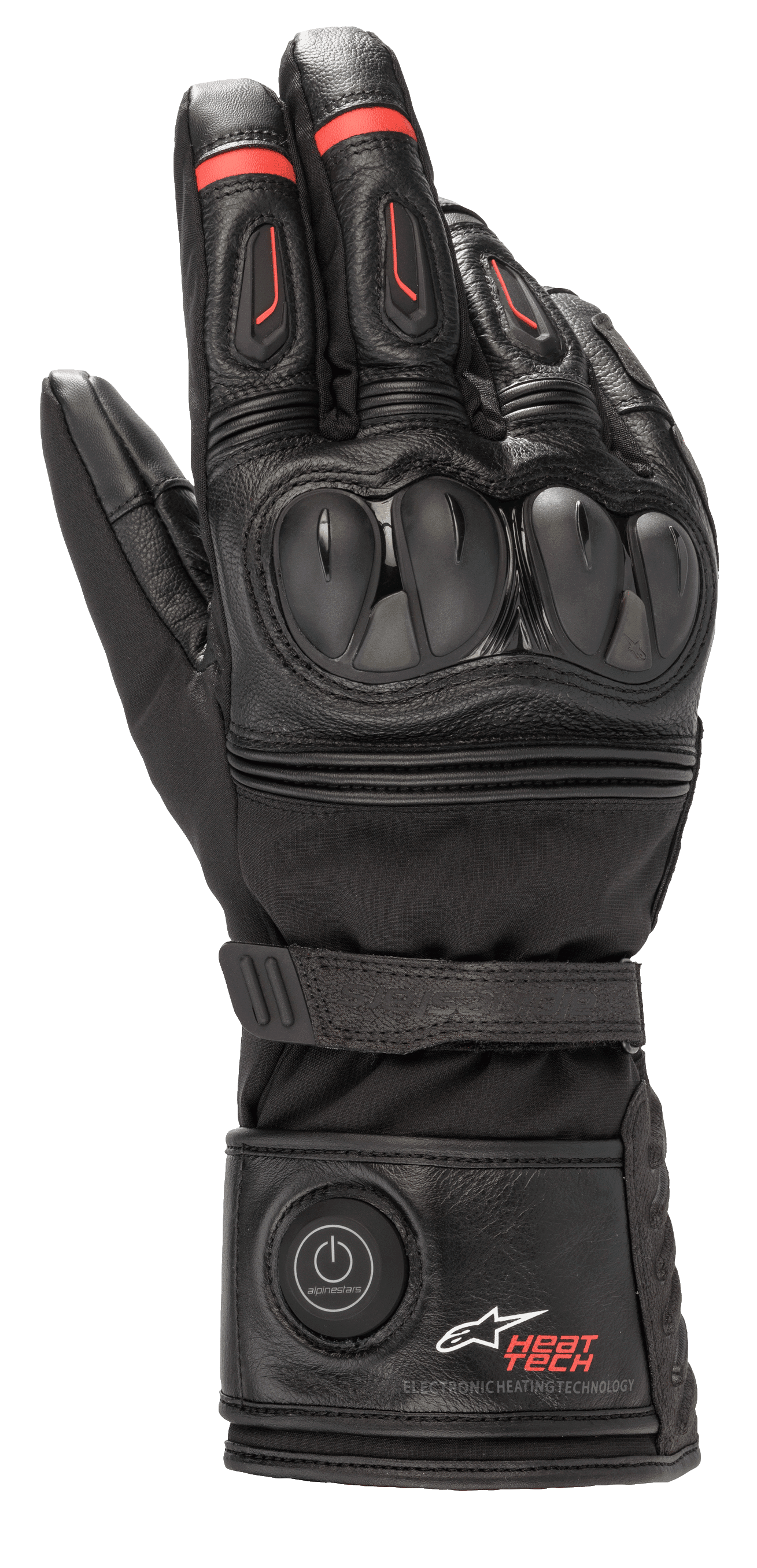 Alpinestars HT-7 Heat Tech Drystar handsker, opvarmede motorcykelhandsker, sort med røde detaljer, elektronisk Heat Tech-system med tænd/sluk-knap på manchetten, TPU-knobeskyttelse, vandtæt Drystar-teknologi, læder- og tekstilkonstruktion