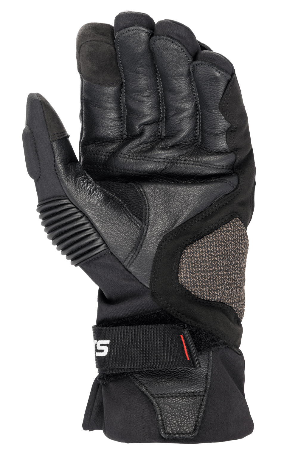 Alpinestars Boulder GORE-TEX handsker, sort, motorcykelhandsker, håndfladevisning der viser holdbar gedelæderkonstruktion, polstrede forstærkninger, ARshield-sidepanel og ergonomisk håndledslukning