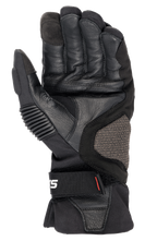 Alpinestars Boulder GORE-TEX handsker, sort, motorcykelhandsker, håndfladevisning der viser holdbar gedelæderkonstruktion, polstrede forstærkninger, ARshield-sidepanel og ergonomisk håndledslukning
