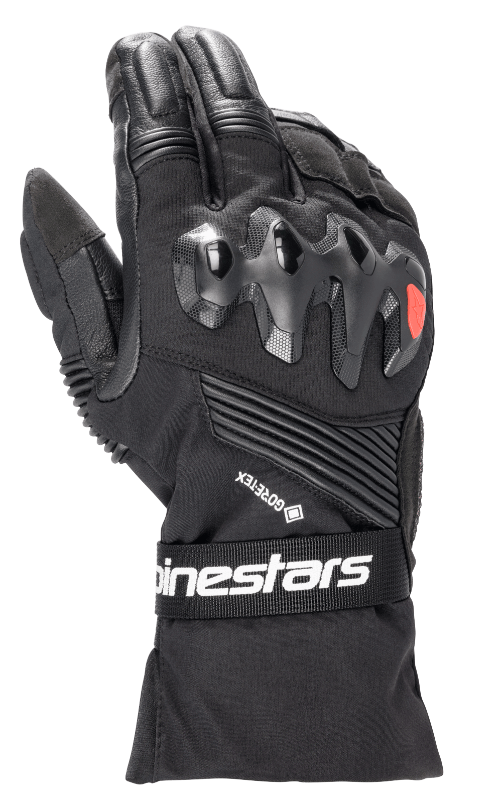 Alpinestars Boulder GORE-TEX handsker, sorte motorcykelhandsker, med hård knobeskyttelse med rødt logo, GORE-TEX-branding, harmonika-strækpaneler og en håndledsrem med hvid Alpinestars-branding, slidstærk tekstil- og læderkonstruktion