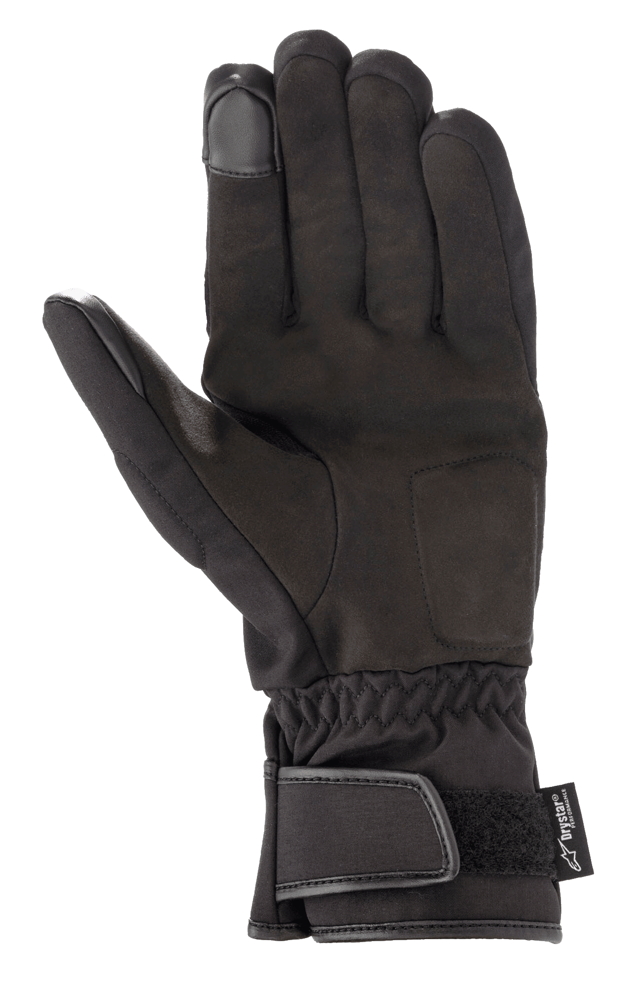 Alpinestars SR-3 V2 Drystar® handsker, vandtætte motorcykelhandsker, sort, håndfladevisning med syntetisk læder, manchet med velcro-lukning og touchscreen-kompatible fingerspidser