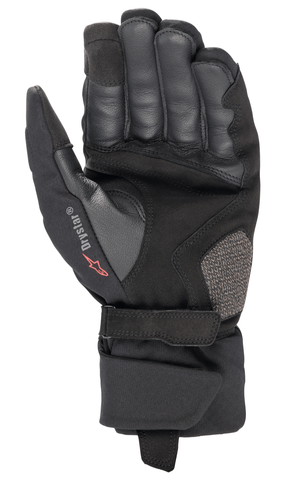 Alpinestars Bogota' Drystar® XF handsker, motorcykelhandsker, sorte, set fra håndfladen med forstærket læderkonstruktion, justerbar håndledsrem og Drystar-branding, holdbart udstyr til adventure touring