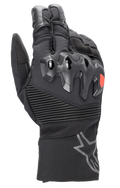 Alpinestars Bogota Drystar XF handsker, motorcykel touringhandsker i fuld længde, sort med rødt logo, oversprøjtet knobeskyttelse, ribbede strækpaneler ved håndleddet, lang manchet med gråt stjernelogo