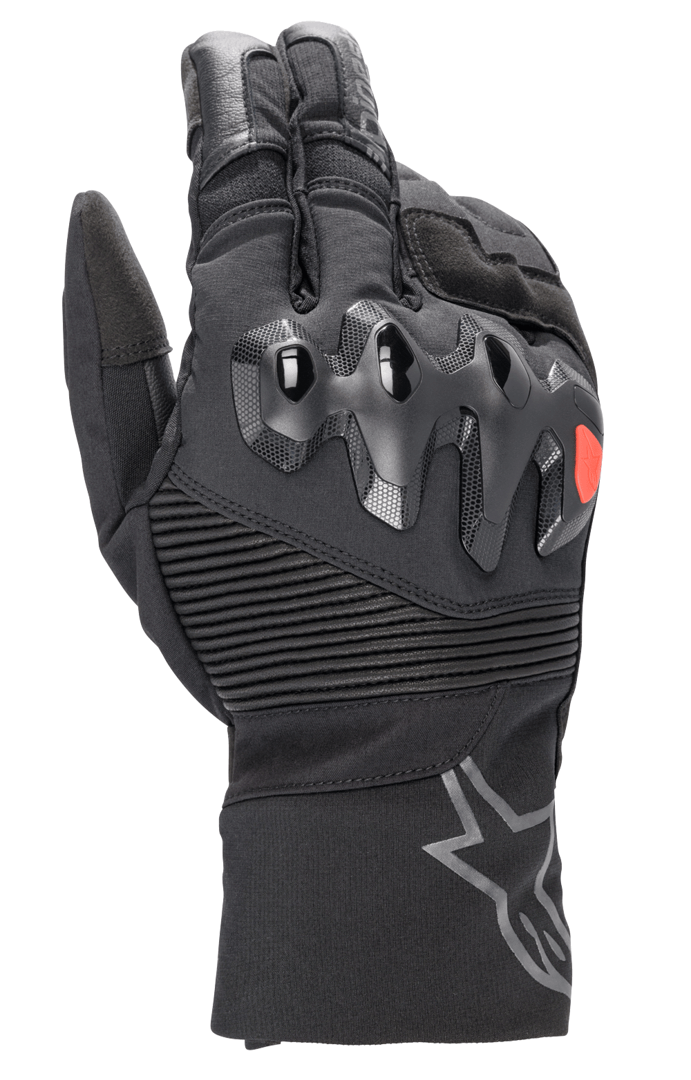Alpinestars Bogota Drystar XF handsker, motorcykel touringhandsker i fuld længde, sort med rødt logo, oversprøjtet knobeskyttelse, ribbede strækpaneler ved håndleddet, lang manchet med gråt stjernelogo