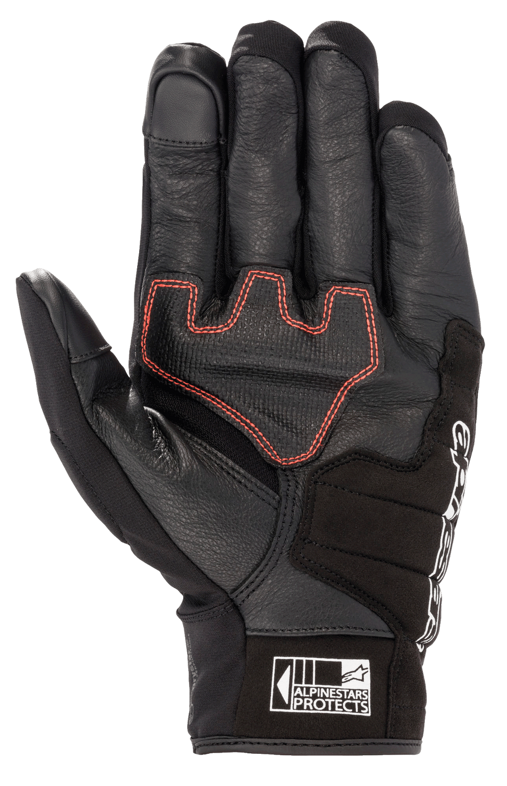 Alpinestars Honda SMX Z Drystar® handske, motorcykelhandske med kort manchet, sort med klare røde geometriske syninger på håndfladen, gedelæderkonstruktion med ruskindforstærkninger, har touchscreen-kompatible fingerspidser og Alpinestars Protects-logo på manchetten.