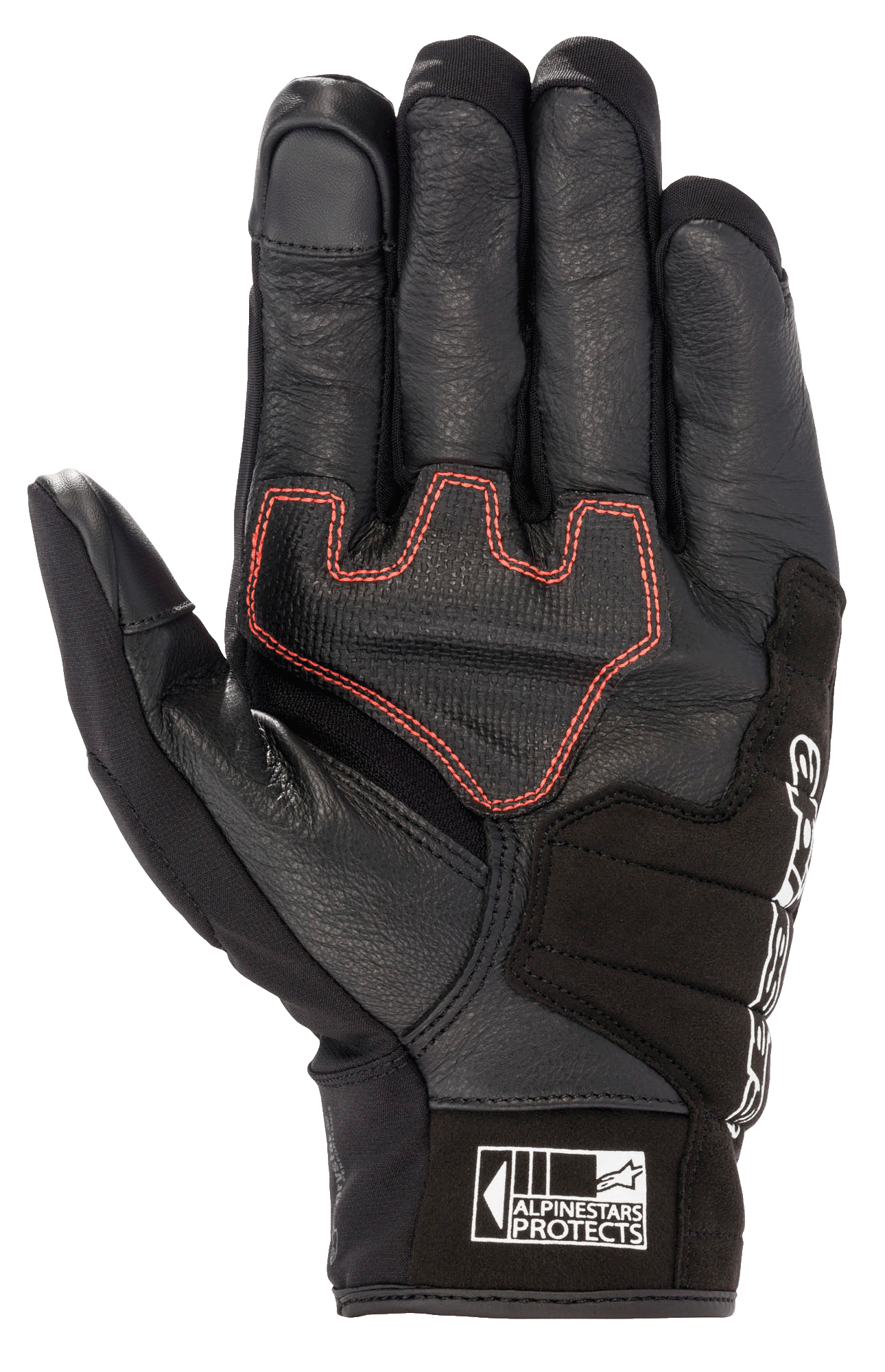 Alpinestars Honda SMX Z Drystar® handske, motorcykelhandske med kort manchet, sort med klare røde geometriske syninger på håndfladen, gedelæderkonstruktion med ruskindforstærkninger, har touchscreen-kompatible fingerspidser og Alpinestars Protects-logo på manchetten.