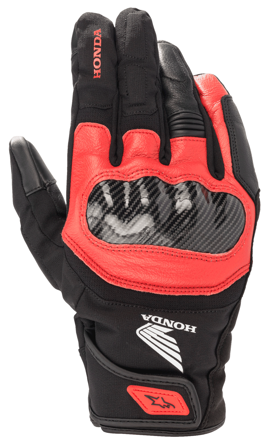 Alpinestars Honda SMX Z Drystar® handske, sort og rød motorcykelhandske, carbon-knobeskytter, læder- og tekstilkonstruktion, vandtæt beskyttelse, Honda-branding, kort manchet med håndledsrem