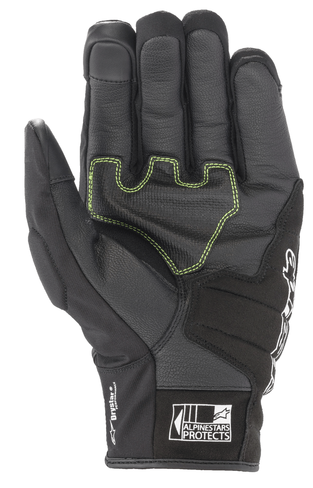 Alpinestars SMX Z Drystar® handsker, sorte motorcykelhandsker, håndfladevisning med neongrønne kontrastsyninger på forstærket læder, 'Drystar Performance'-branding på siden og 'Alpinestars Protects'-logo på manchetten