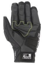 Alpinestars SMX Z Drystar® handsker, sorte motorcykelhandsker, håndfladevisning med neongrønne kontrastsyninger på forstærket læder, 'Drystar Performance'-branding på siden og 'Alpinestars Protects'-logo på manchetten