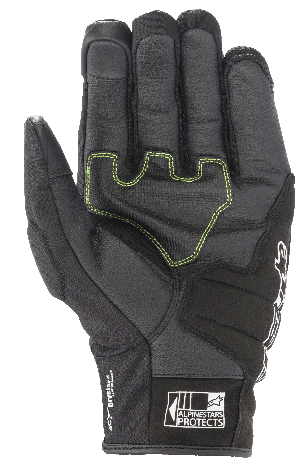 Alpinestars SMX Z Drystar® handsker, sorte motorcykelhandsker, håndfladevisning med neongrønne kontrastsyninger på forstærket læder, 'Drystar Performance'-branding på siden og 'Alpinestars Protects'-logo på manchetten