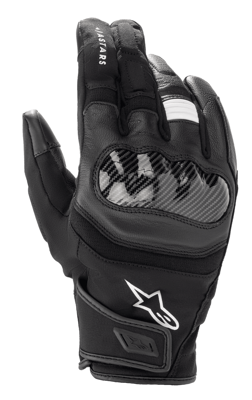 Alpinestars SMX Z Drystar® handsker, korthalsede motorcykelhandsker, sort, med hård knobeskyttelse i kulfiber-look, læder- og stofkonstruktion, hvidt Alpinestars-logo og vandtæt Drystar®-teknologi