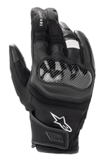 Alpinestars SMX Z Drystar® handsker, korthalsede motorcykelhandsker, sort, med hård knobeskyttelse i kulfiber-look, læder- og stofkonstruktion, hvidt Alpinestars-logo og vandtæt Drystar®-teknologi