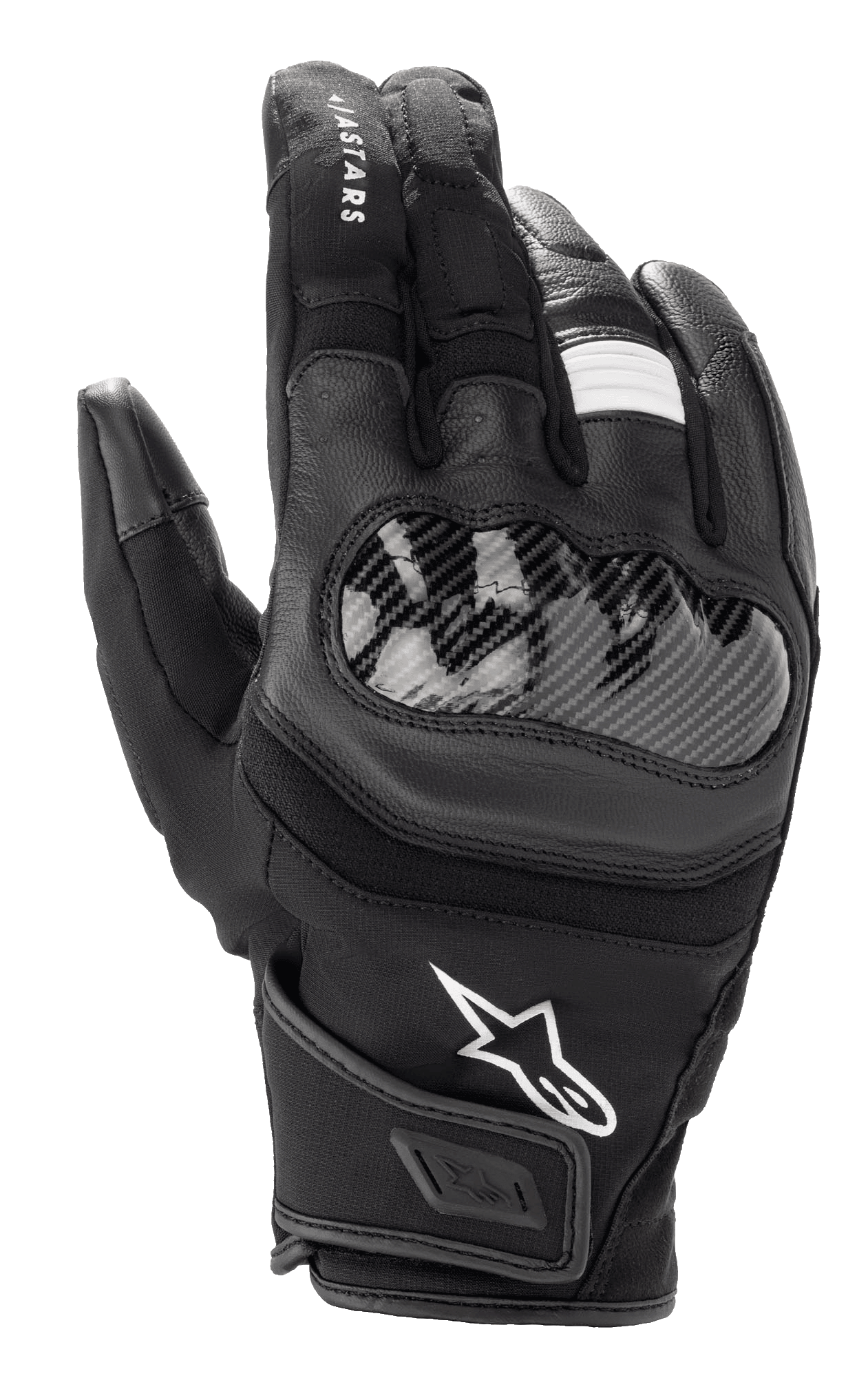 Alpinestars SMX Z Drystar® handsker, korthalsede motorcykelhandsker, sort, med hård knobeskyttelse i kulfiber-look, læder- og stofkonstruktion, hvidt Alpinestars-logo og vandtæt Drystar®-teknologi