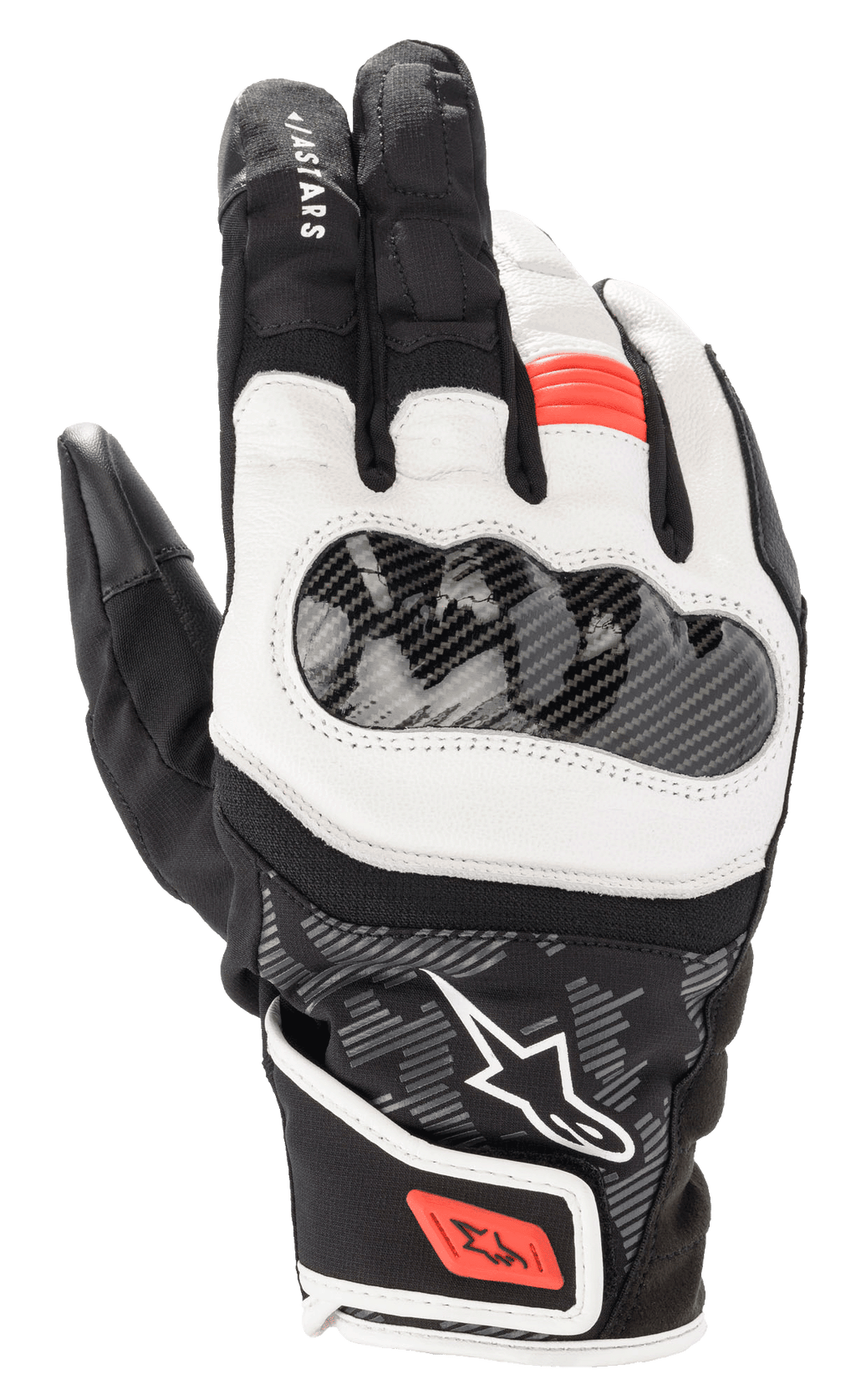 Alpinestars SMX Z Drystar Gloves, Short Cuff Motorcycle Riding Gloves, Black White and Red Fluo, featuring a hard knuckle protector with carbon fiber texture, supple white leather panels, and red accents on the finger and wrist strap