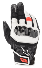 Alpinestars SMX Z Drystar Gloves, Short Cuff Motorcycle Riding Gloves, Black White and Red Fluo, featuring a hard knuckle protector with carbon fiber texture, supple white leather panels, and red accents on the finger and wrist strap