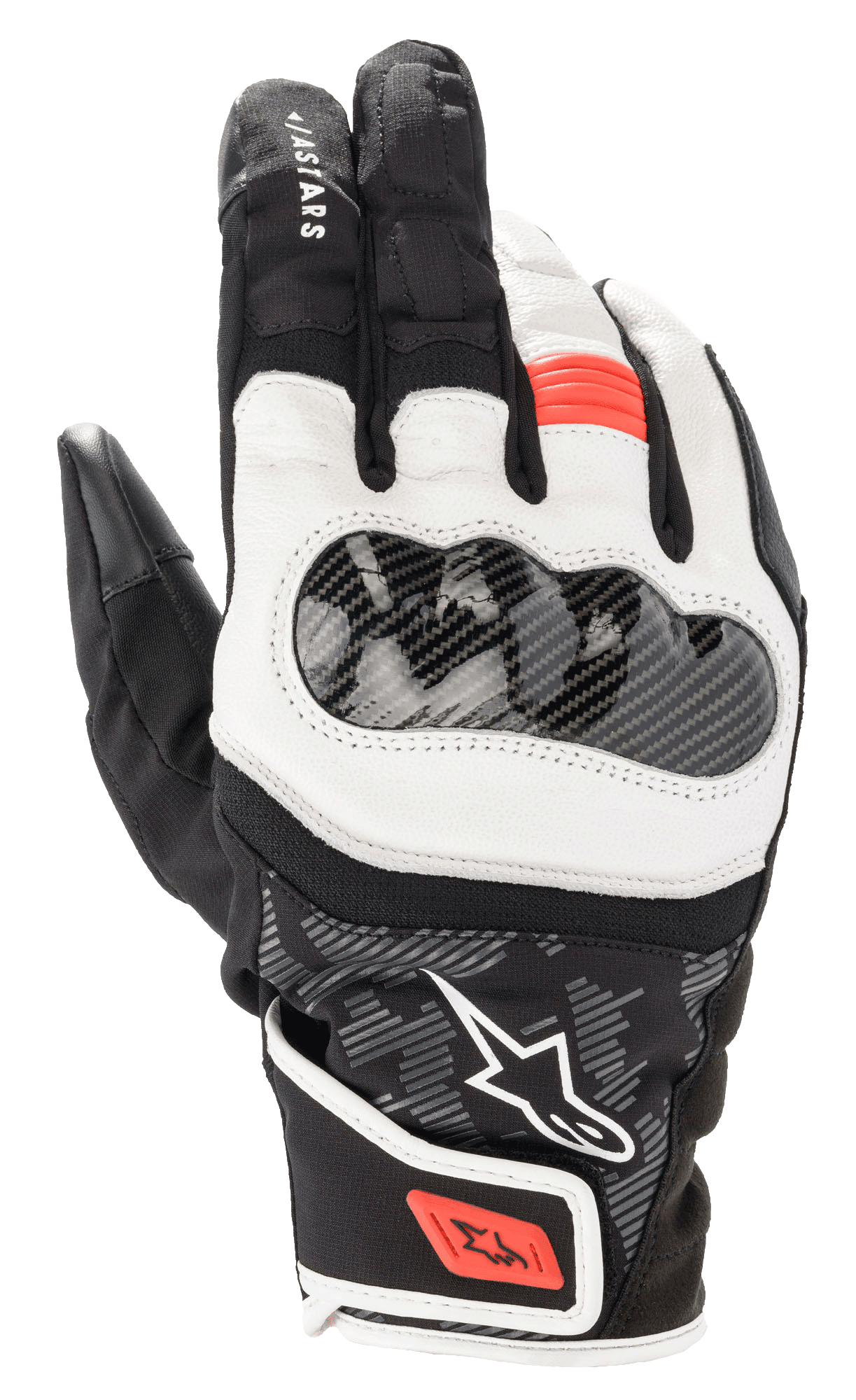 Alpinestars SMX Z Drystar Gloves, Short Cuff Motorcycle Riding Gloves, Black White and Red Fluo, featuring a hard knuckle protector with carbon fiber texture, supple white leather panels, and red accents on the finger and wrist strap