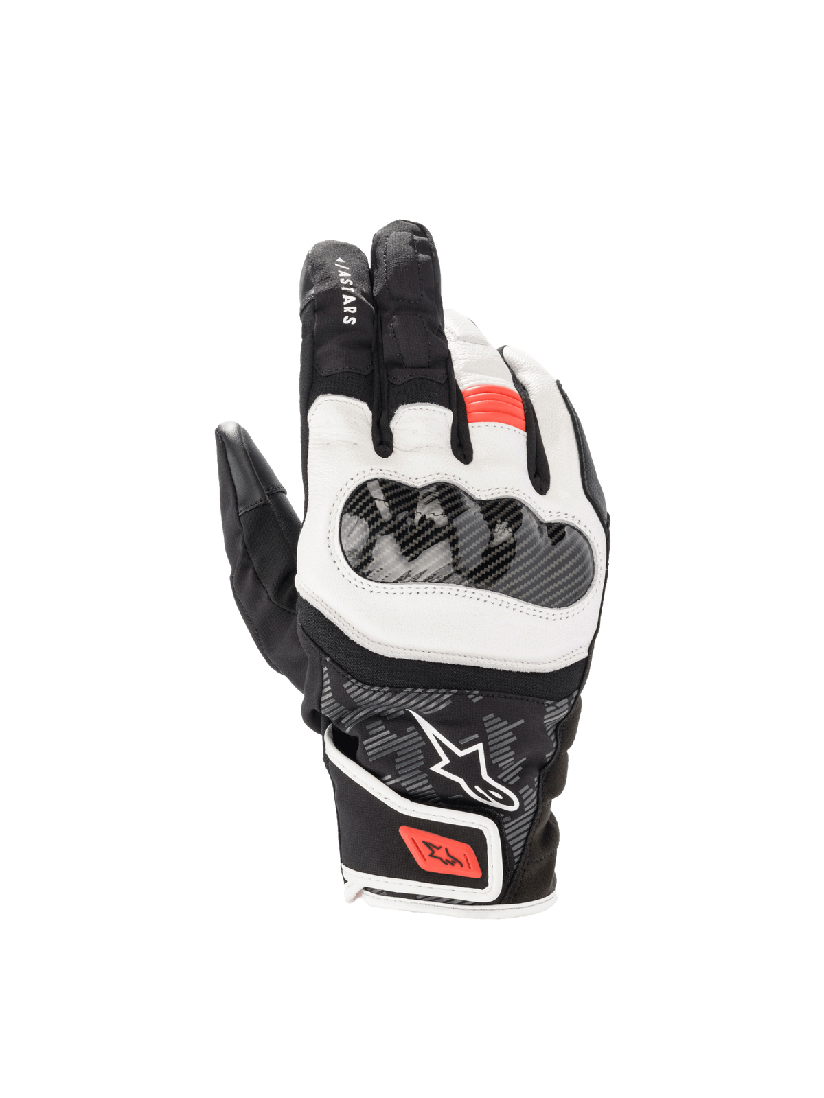 Alpinestars SMX Z Drystar® handsker, vandtætte motorcykelhandsker til sport, sort og hvid med rød fluo, hård knobeskyttelse.