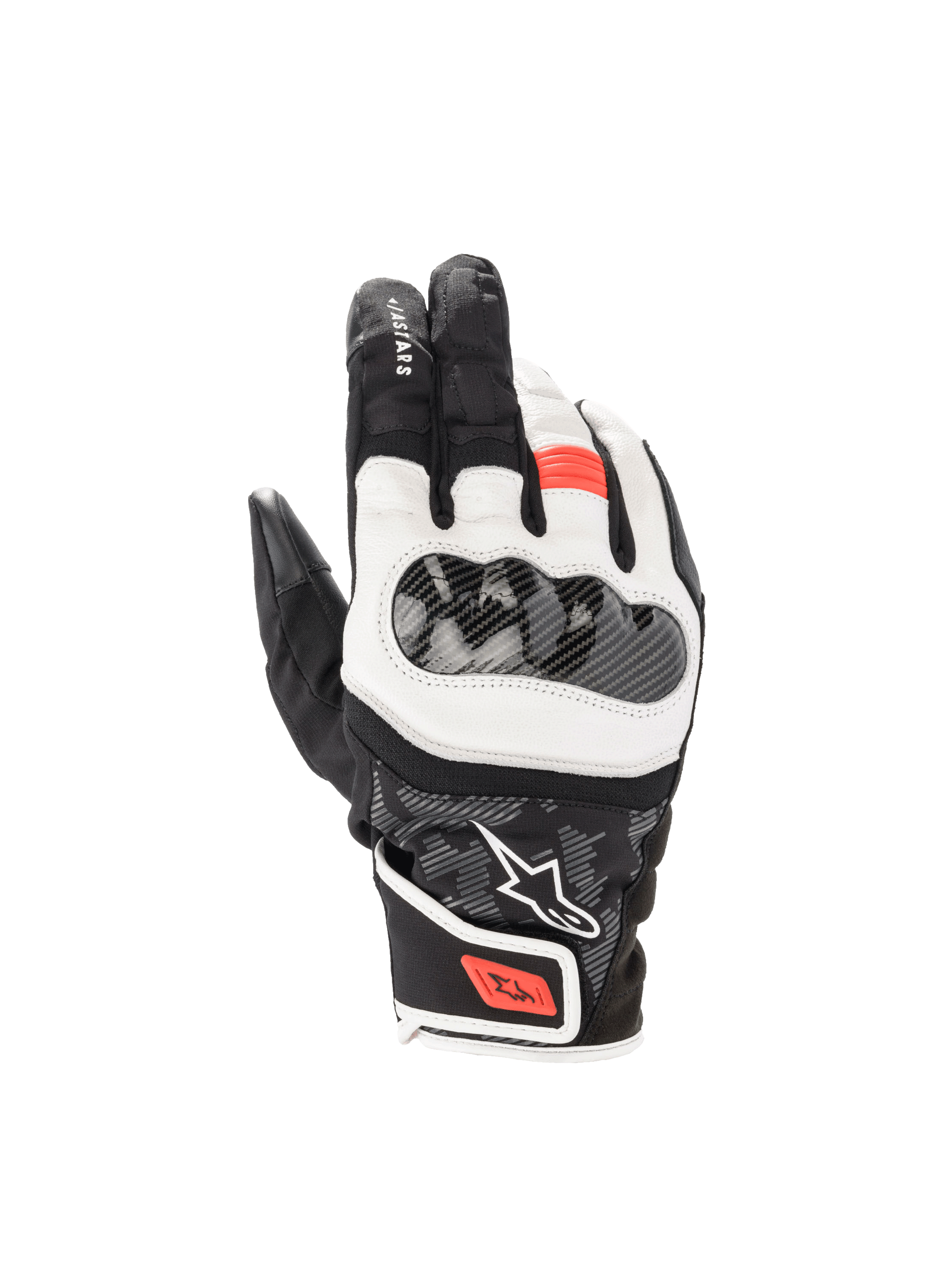 Alpinestars SMX Z Drystar® handsker, vandtætte motorcykelhandsker til sport, sort og hvid med rød fluo, hård knobeskyttelse.