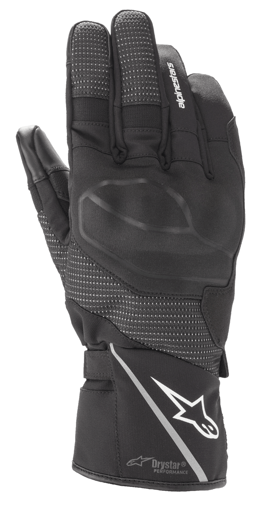 Alpinestars Andes V3 Drystar Glove, Black Motorcycle Touring Glove, goat leather and textile construction, featuring integrated knuckle armor, white Alpinestars logo on the cuff with a reflective stripe, textured finger panels, and Drystar Performance technology