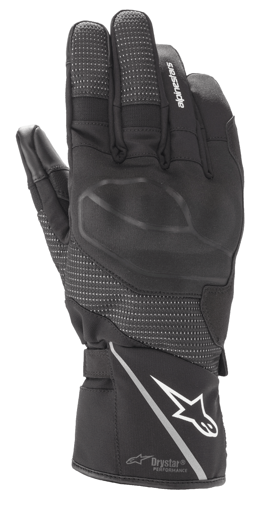 Alpinestars Andes V3 Drystar-handske, sort motorcykel-touringhandske, konstruktion i gedeskind og tekstil, med integreret knobeskyttelse, hvidt Alpinestars-logo på manchetten med en reflekterende stribe, teksturerede fingerpaneler og Drystar Performance-teknologi
