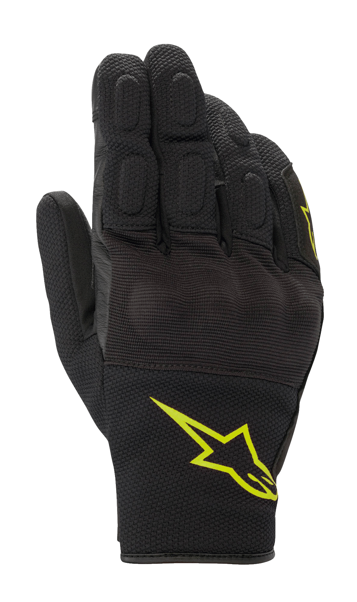 Alpinestars S-Max Drystar handsker, motorcykelsporthandsker, sort med fluorescerende gult logo, kort design med dækket hård knobeskyttelse og strækmesh-paneler, vandtæt og åndbar konstruktion til vejkørsel