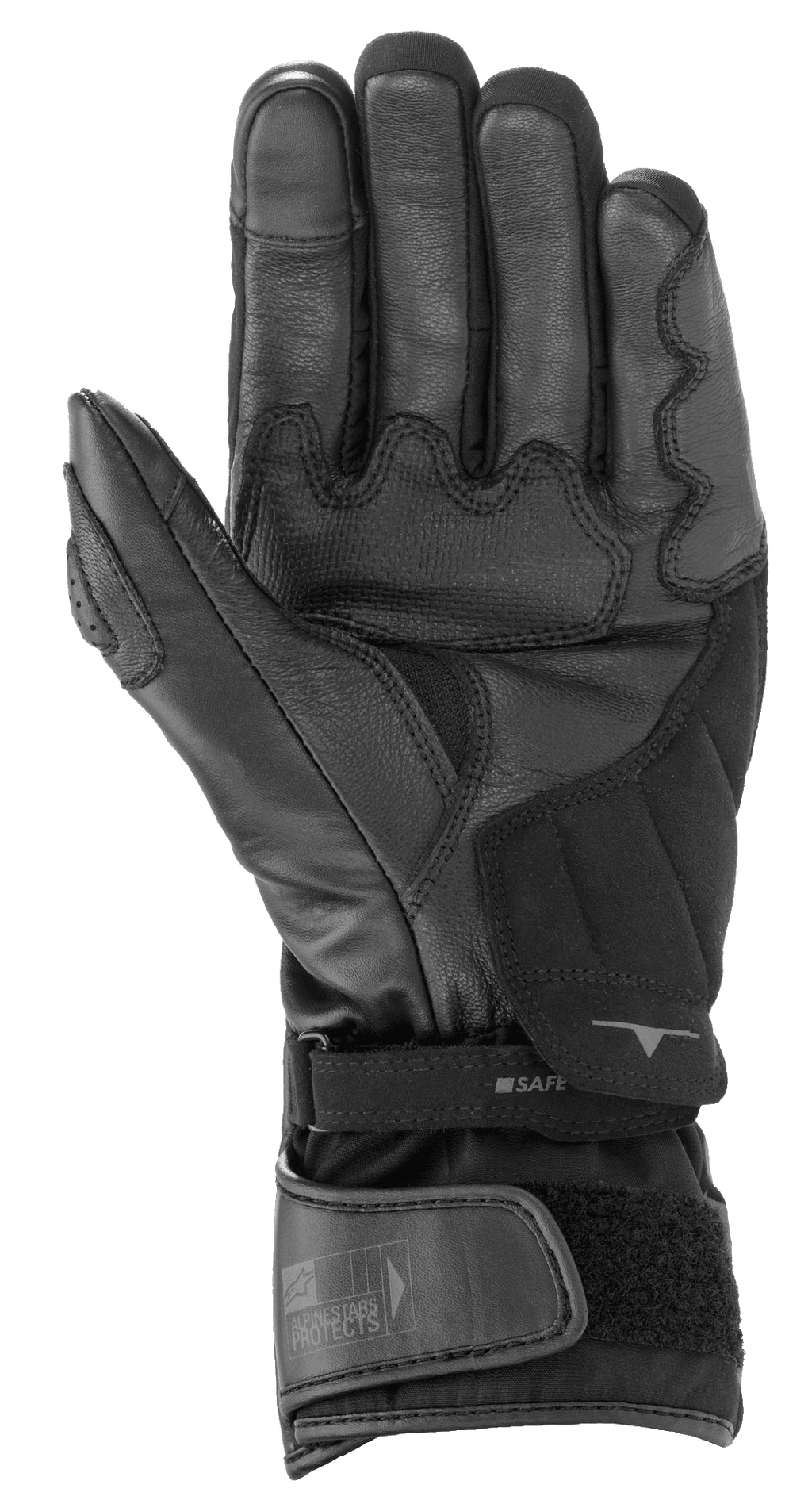 Alpinestars SP-365 Drystar® Gloves, Black and Anthracite Gray, palm view showing reinforced leather and synthetic suede construction, waterproof motorcycle performance gloves with adjustable wrist closure