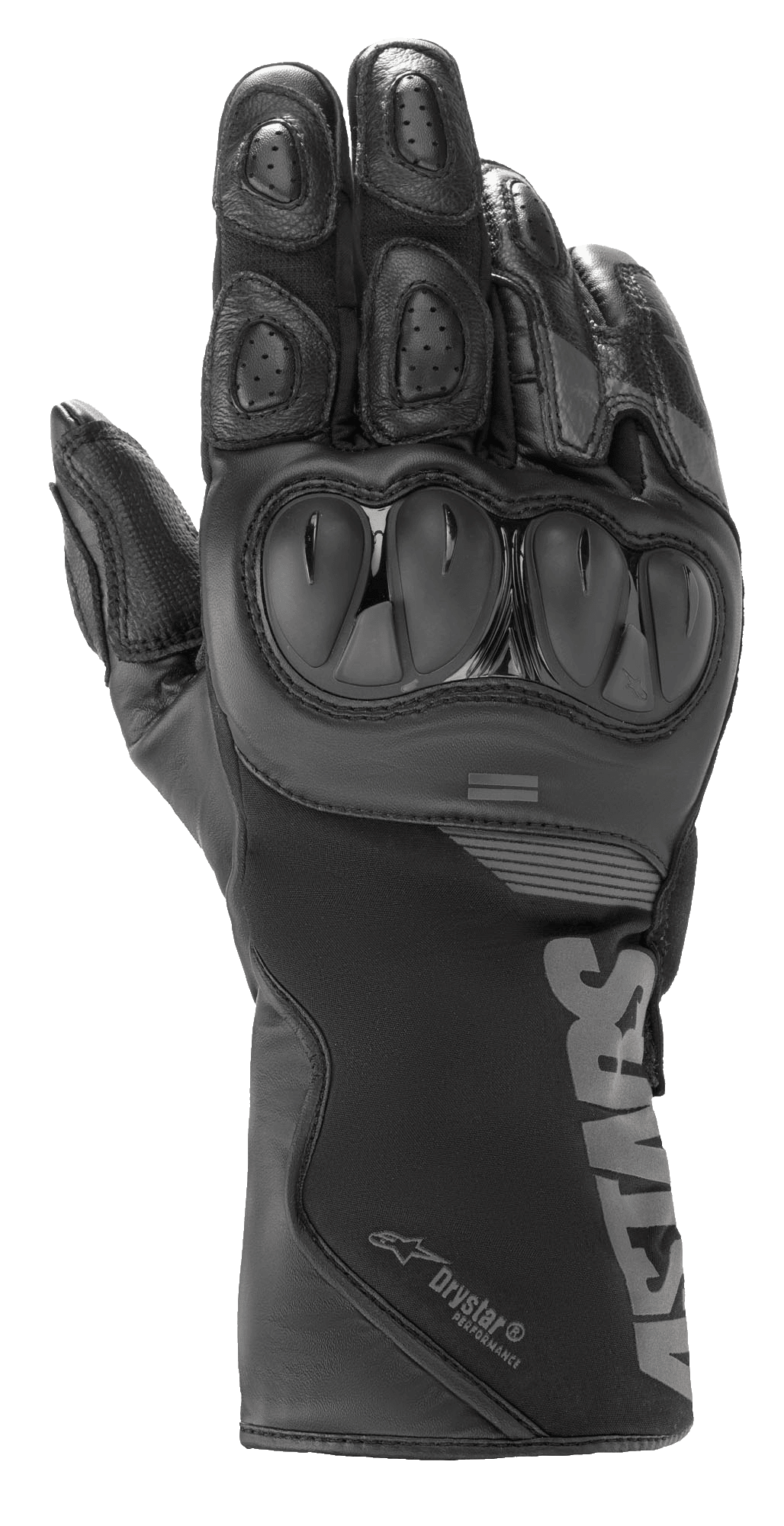 Alpinestars SP-365 Drystar® Gloves, Motorcycle Gloves, Black Anthracite, waterproof leather and softshell construction, featuring hard SP knuckle protection, ventilated finger pads, and long cuff with Astars branding