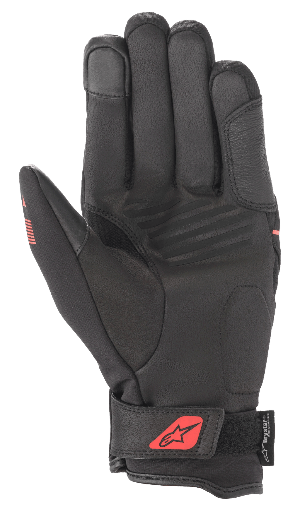Alpinestars Syncro V2 Drystar® Gloves, Black and Red Fluo, palm view showing synthetic suede construction, padded palm for protection, adjustable wrist strap with red logo, and Drystar® branding.