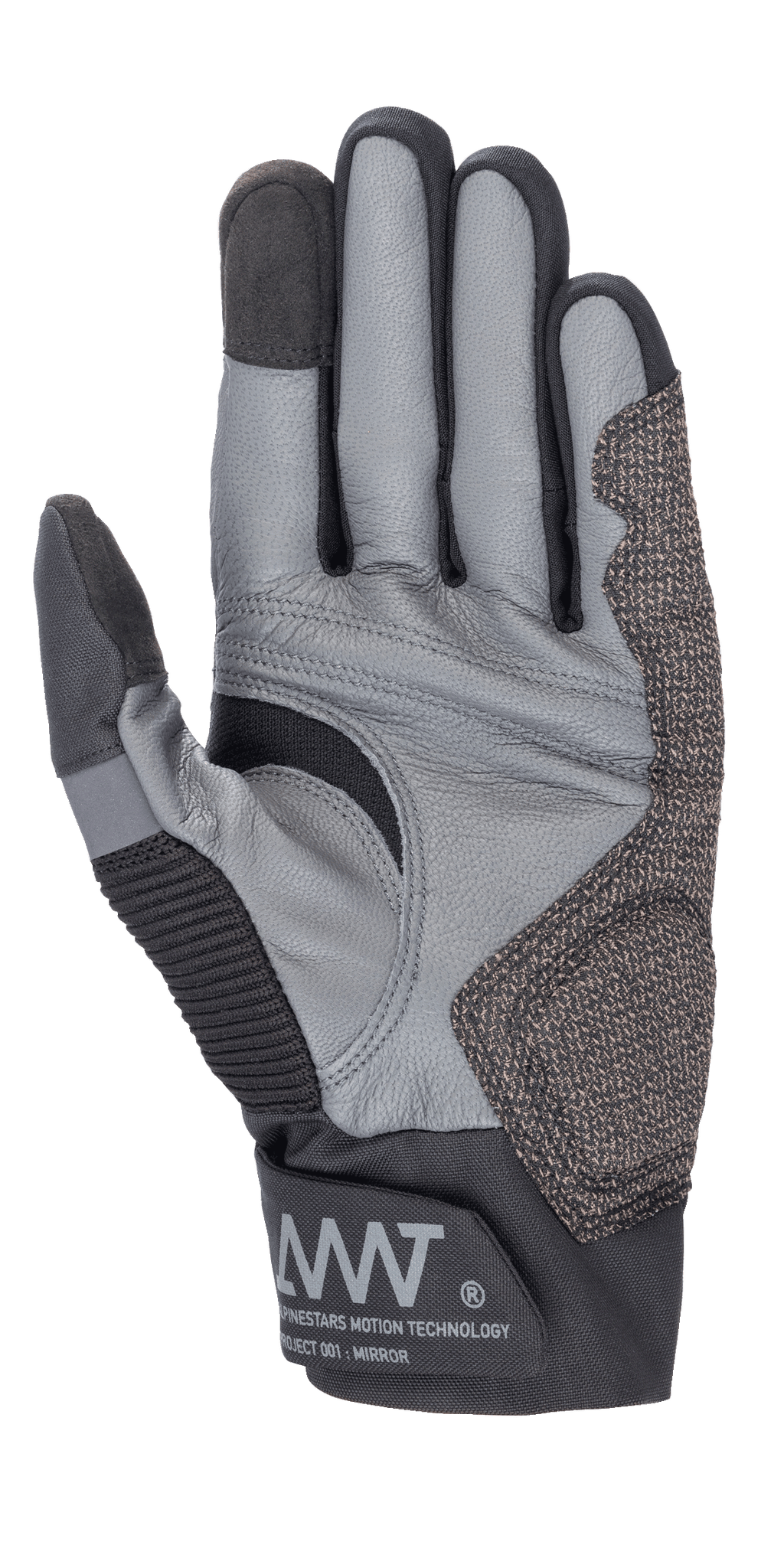 Alpinestars AMT-10 Air HDry® handsker, sort og grå, håndfladevisning der fremhæver gedeskindskonstruktion, ergonomisk grebsmønster og tekniske stretchindsatser, med AMT-branding på manchetten