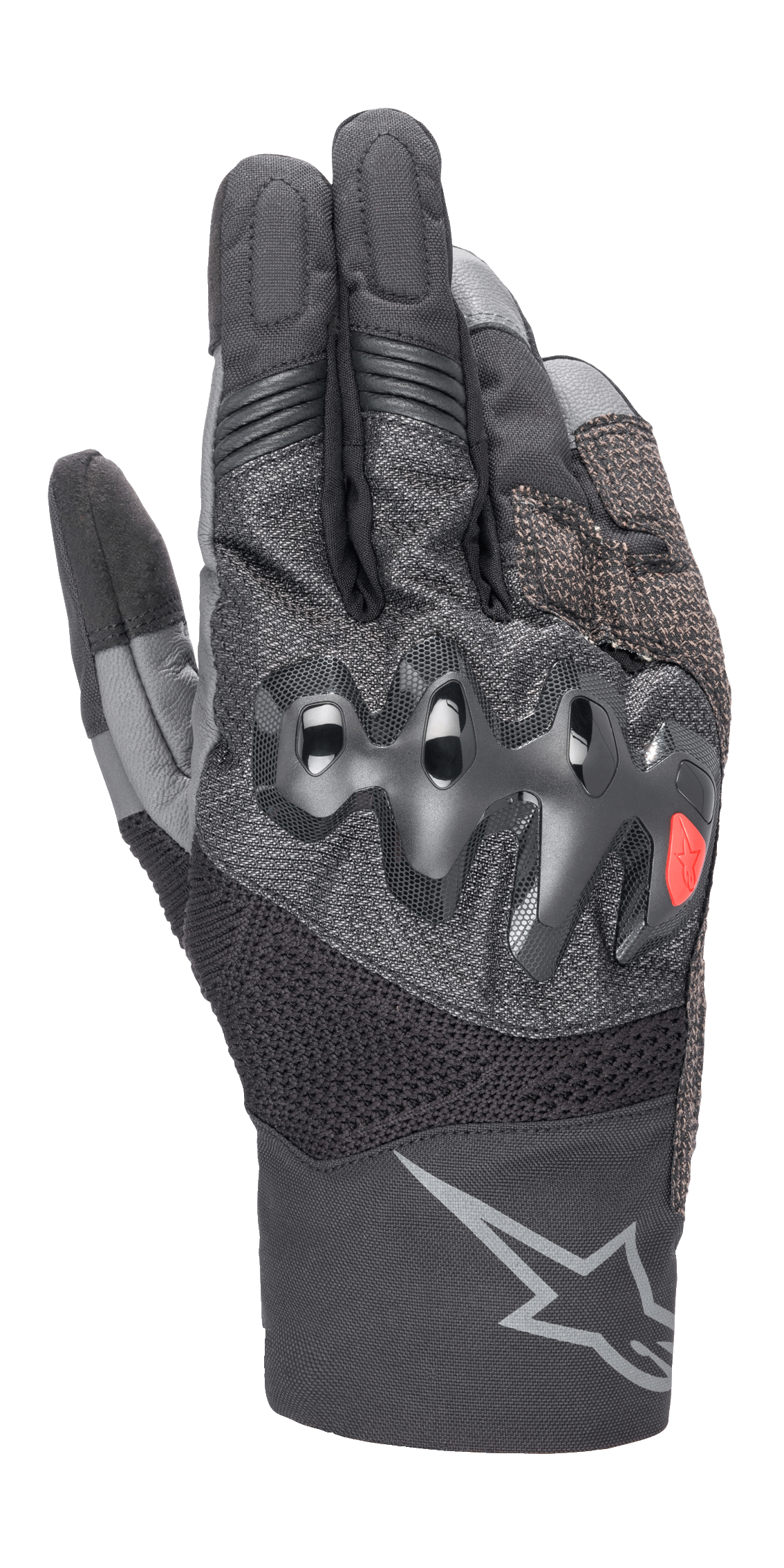 Alpinestars AMT-10 Air HDry handsker, motorcykelhandsker, sort og mørkegrå, med en bølget oversprøjtet knobeskytter med et lille rødt logo, MATRYX- og RIDEKNIT-meshpaneler til ventilation og et stort gråt stjernelogo på manchetten