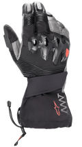 Alpinestars Amt-10 Drystar® XF Winter Gloves, Black and Dark Gray, Long Cuff Motorcycle Winter Gloves, featuring over-injected hard knuckle protection, accordion stretch panels on fingers, AMT branding with a red star logo, and a drawstring cuff closure