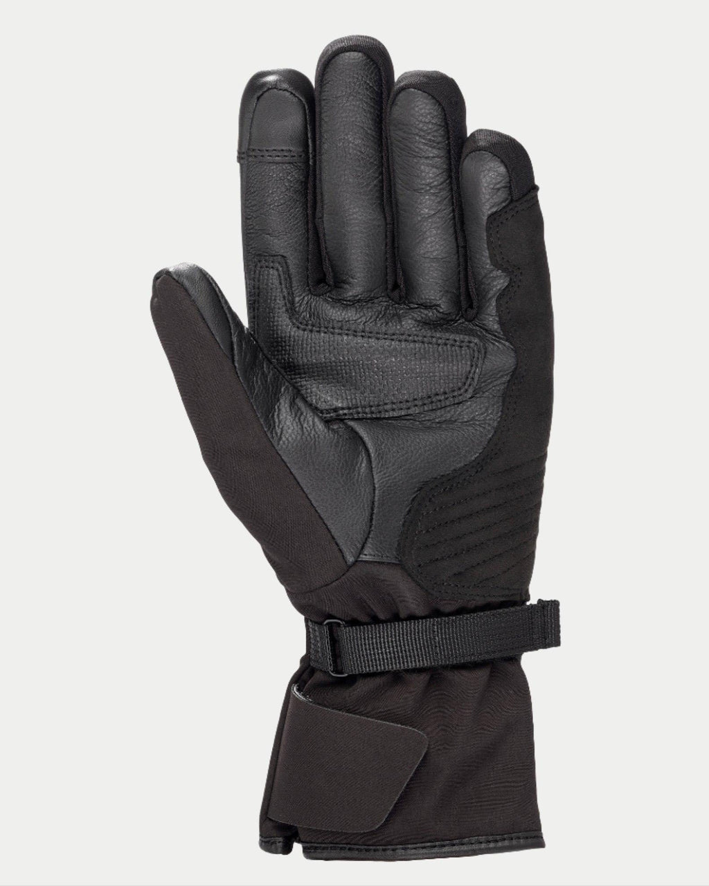 Alpinestars Stella Tourer W-7 Drystar® handsker til damer, sort, set fra håndfladen med læder- og softshell-konstruktion, lang touring-manchet med justerbar rem, forstærket håndflade og tommelfinger, vandtæt og termisk vintermotorcykeludstyr til adventure touring