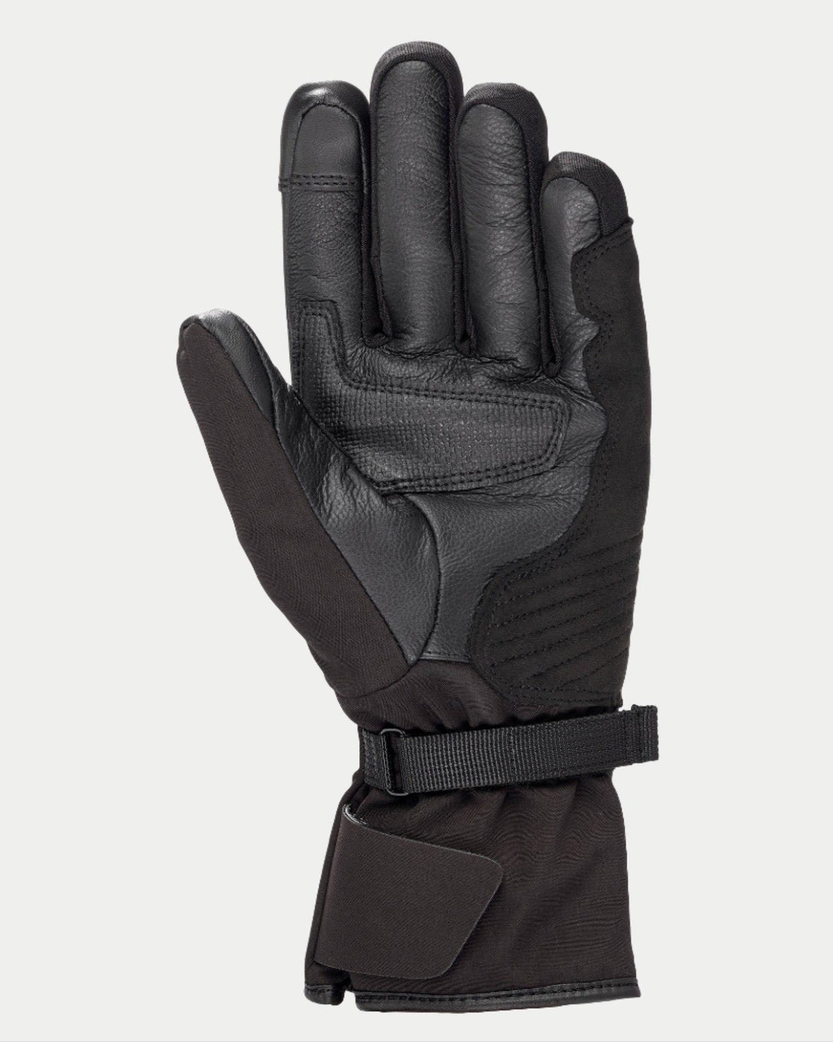 Alpinestars Stella Tourer W-7 Drystar® handsker til damer, sort, set fra håndfladen med læder- og softshell-konstruktion, lang touring-manchet med justerbar rem, forstærket håndflade og tommelfinger, vandtæt og termisk vintermotorcykeludstyr til adventure touring