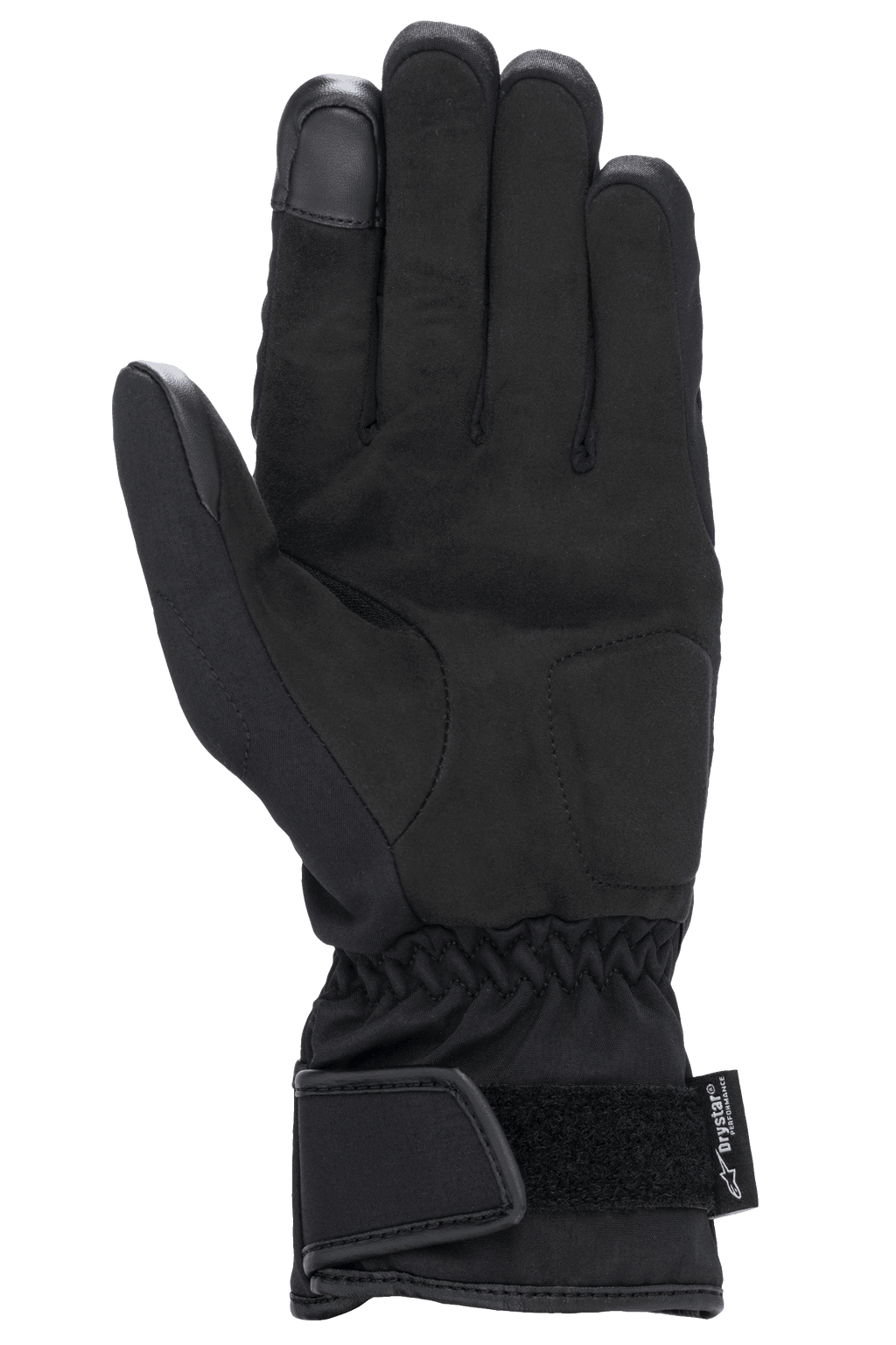 Alpinestars Stella SR-3 V2 Drystar® handsker til damer, sorte, set fra håndfladesiden med forstærkninger i syntetisk læder, touchscreen-kompatibel pegefingerspids, elastisk håndled og manchet med justerbar velcrostrop og Drystar-branding