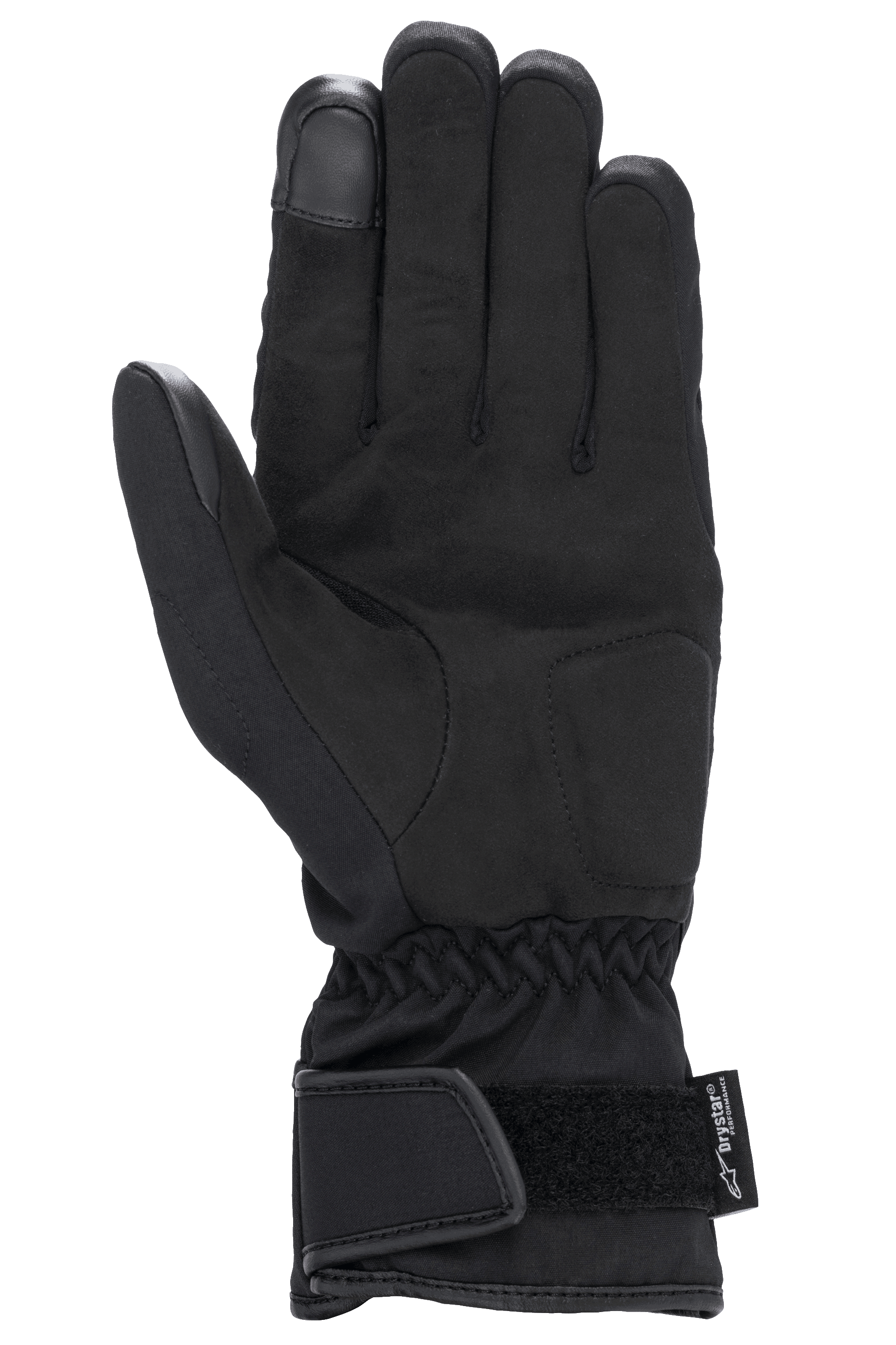 Alpinestars Stella SR-3 V2 Drystar® handsker til damer, sorte, set fra håndfladesiden med forstærkninger i syntetisk læder, touchscreen-kompatibel pegefingerspids, elastisk håndled og manchet med justerbar velcrostrop og Drystar-branding