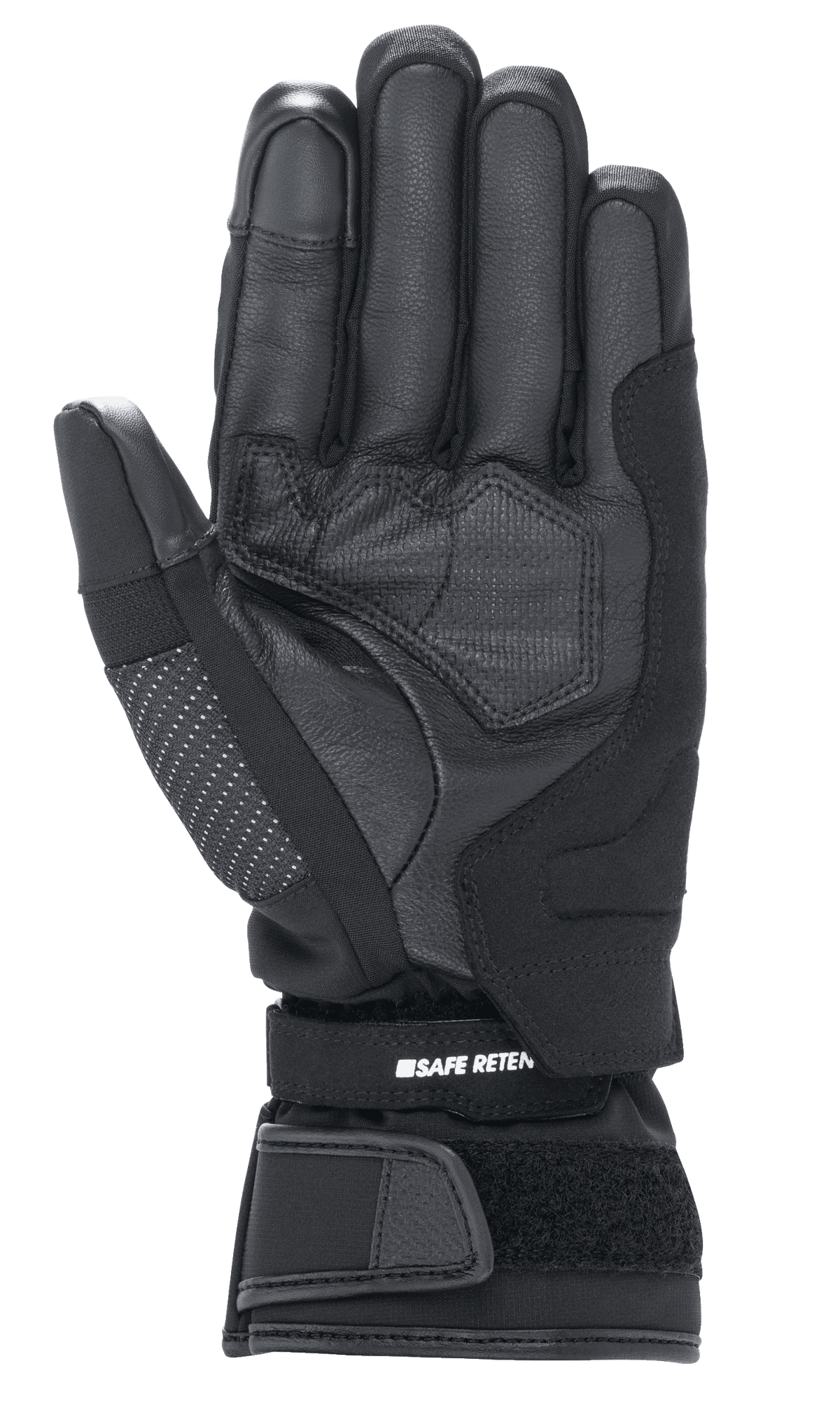 Alpinestars Stella Andes V3 Drystar® handsker til kvinder, motorcykelhandske i sort antracit, håndfladevisning der viser konstruktion i gedelæder, forstærket polstring og justerbar velcro-håndledsrem med Safe Retention-branding.