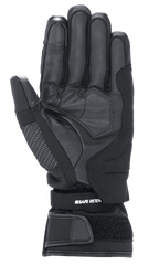 Alpinestars Stella Andes V3 Drystar® handsker til kvinder, motorcykelhandske i sort antracit, håndfladevisning der viser konstruktion i gedelæder, forstærket polstring og justerbar velcro-håndledsrem med Safe Retention-branding.