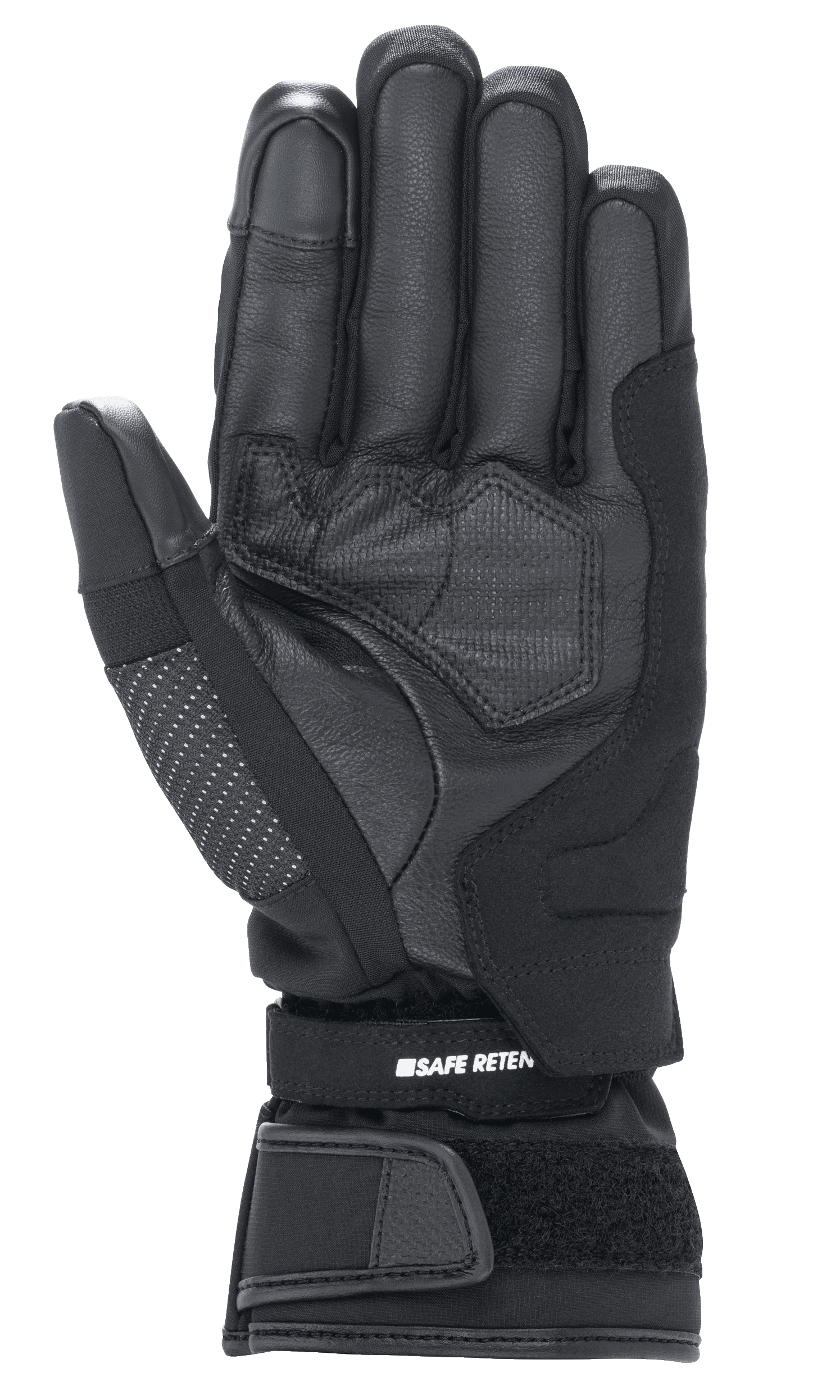 Alpinestars Stella Andes V3 Drystar® handsker til kvinder, motorcykelhandske i sort antracit, håndfladevisning der viser konstruktion i gedelæder, forstærket polstring og justerbar velcro-håndledsrem med Safe Retention-branding.