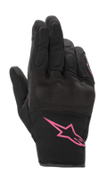 Alpinestars Stella S-Max damehandsker, motorcykelhandsker, sort og fuchsia, pink Alpinestars-logo på manchetten, kort manchet-design med tekstureret mesh og integreret knobeskyttelse