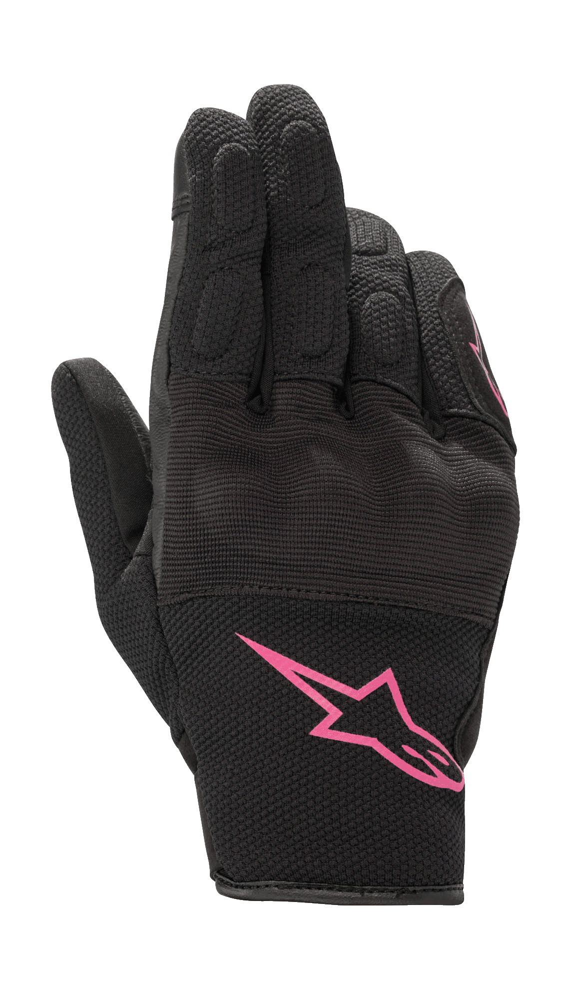 Alpinestars Stella S-Max damehandsker, motorcykelhandsker, sort og fuchsia, pink Alpinestars-logo på manchetten, kort manchet-design med tekstureret mesh og integreret knobeskyttelse