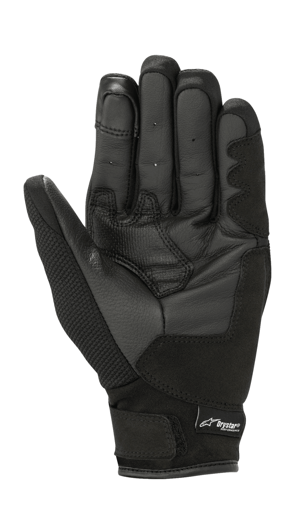 Alpinestars Stella S-Max Drystar damehandsker, Black Anthracite, set fra håndfladen med læderkonstruktion, forstærkede grebsområder og krog-og-løkke-lukning ved håndleddet med Drystar-branding