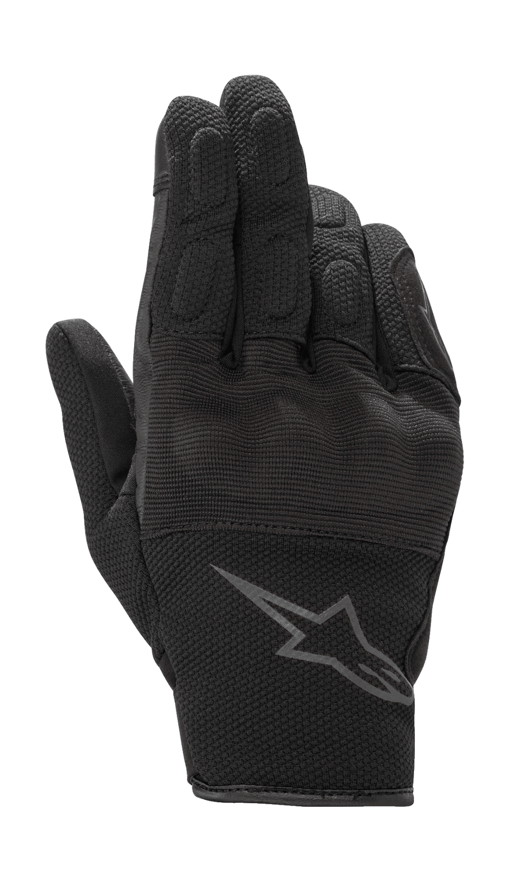 Alpinestars S-Max dame motorcykelhandsker, sort antracit, kort manchet-design med læder- og strækmesh-konstruktion, hård knobeskyttelse, gråt Alpinestars-logo på håndleddet, vandtæt beskyttelsesudstyr til vejkørsel