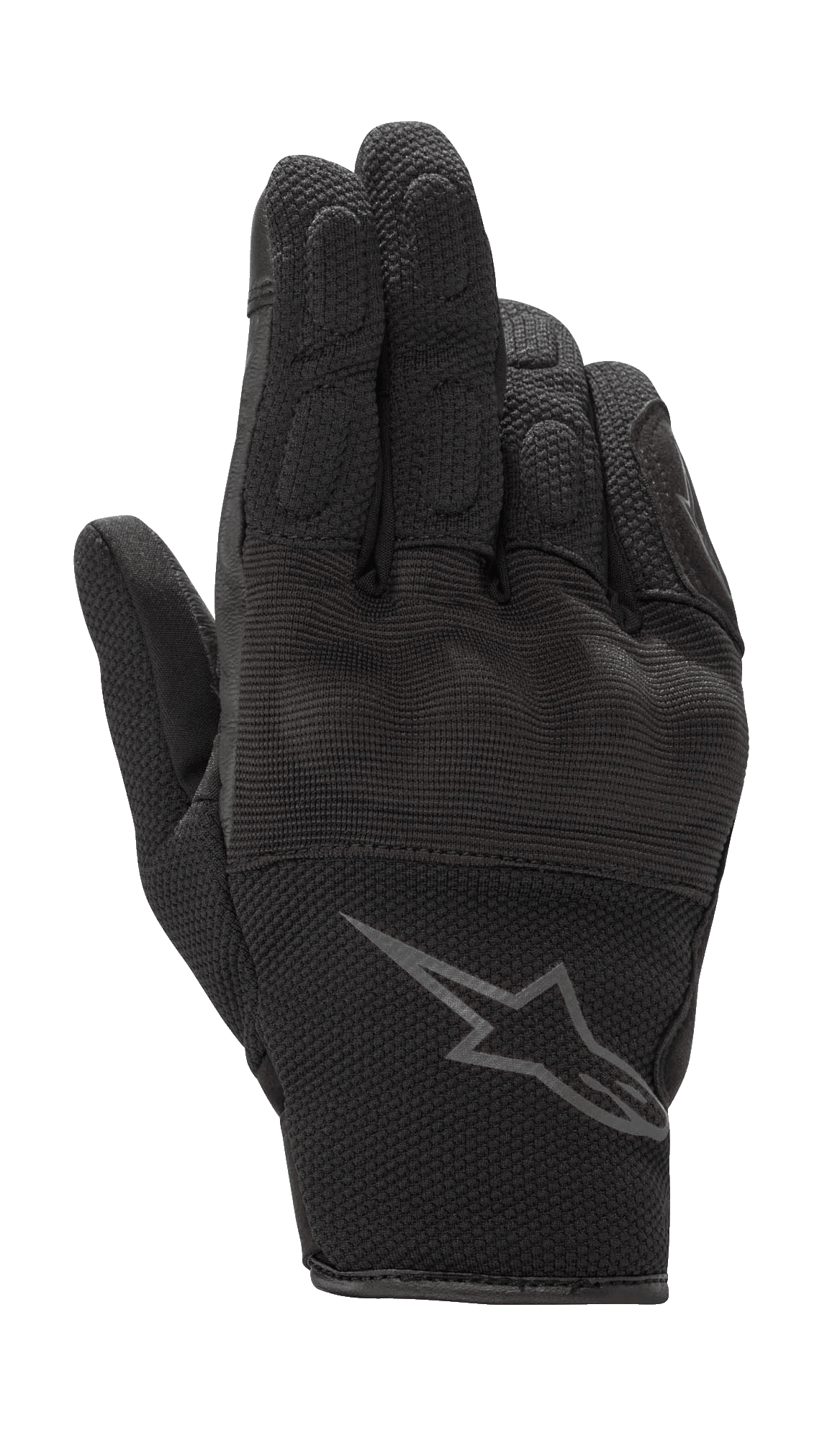 Alpinestars S-Max dame motorcykelhandsker, sort antracit, kort manchet-design med læder- og strækmesh-konstruktion, hård knobeskyttelse, gråt Alpinestars-logo på håndleddet, vandtæt beskyttelsesudstyr til vejkørsel